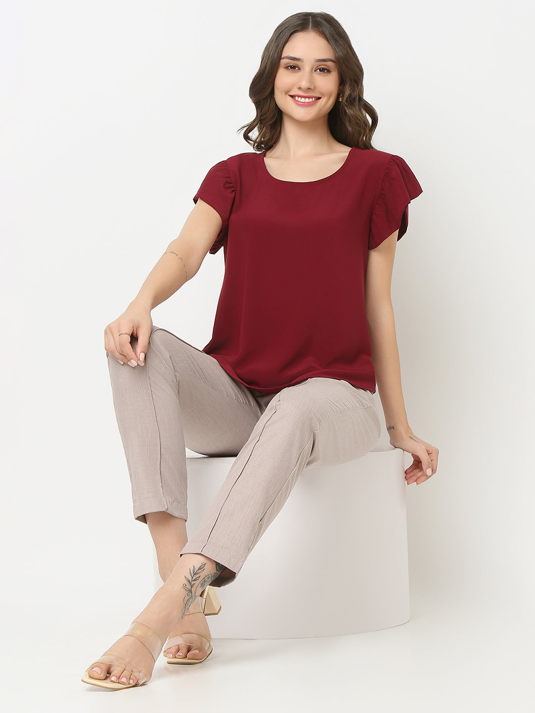 Maroon Ruffle Sleeve Top