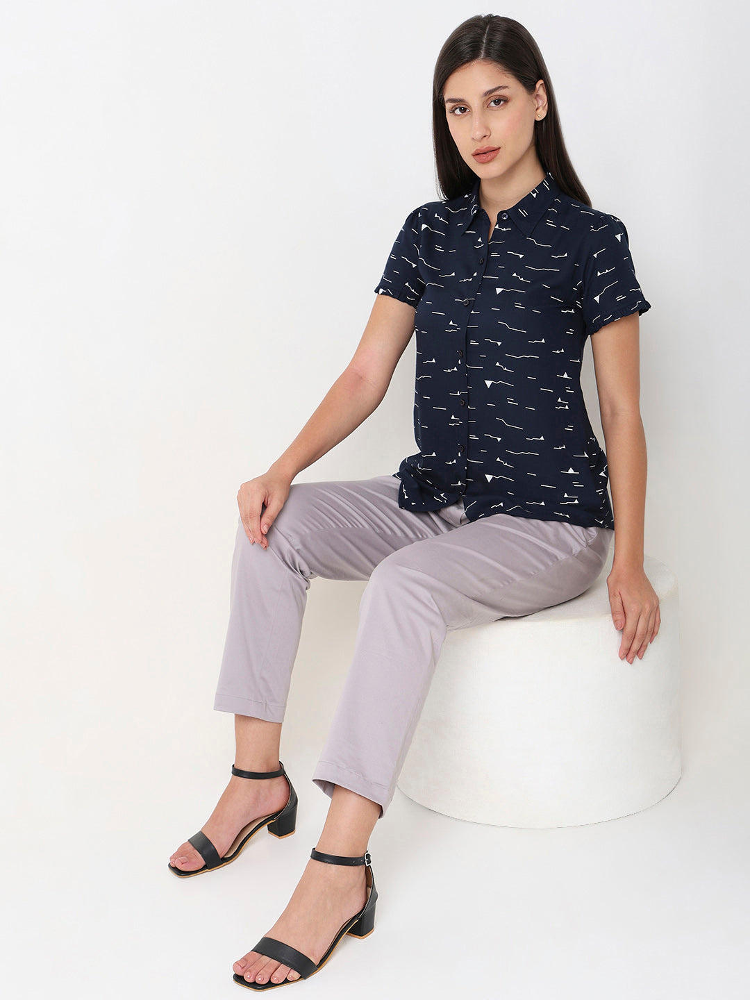 Navy Ruffle Sleeve Shirt