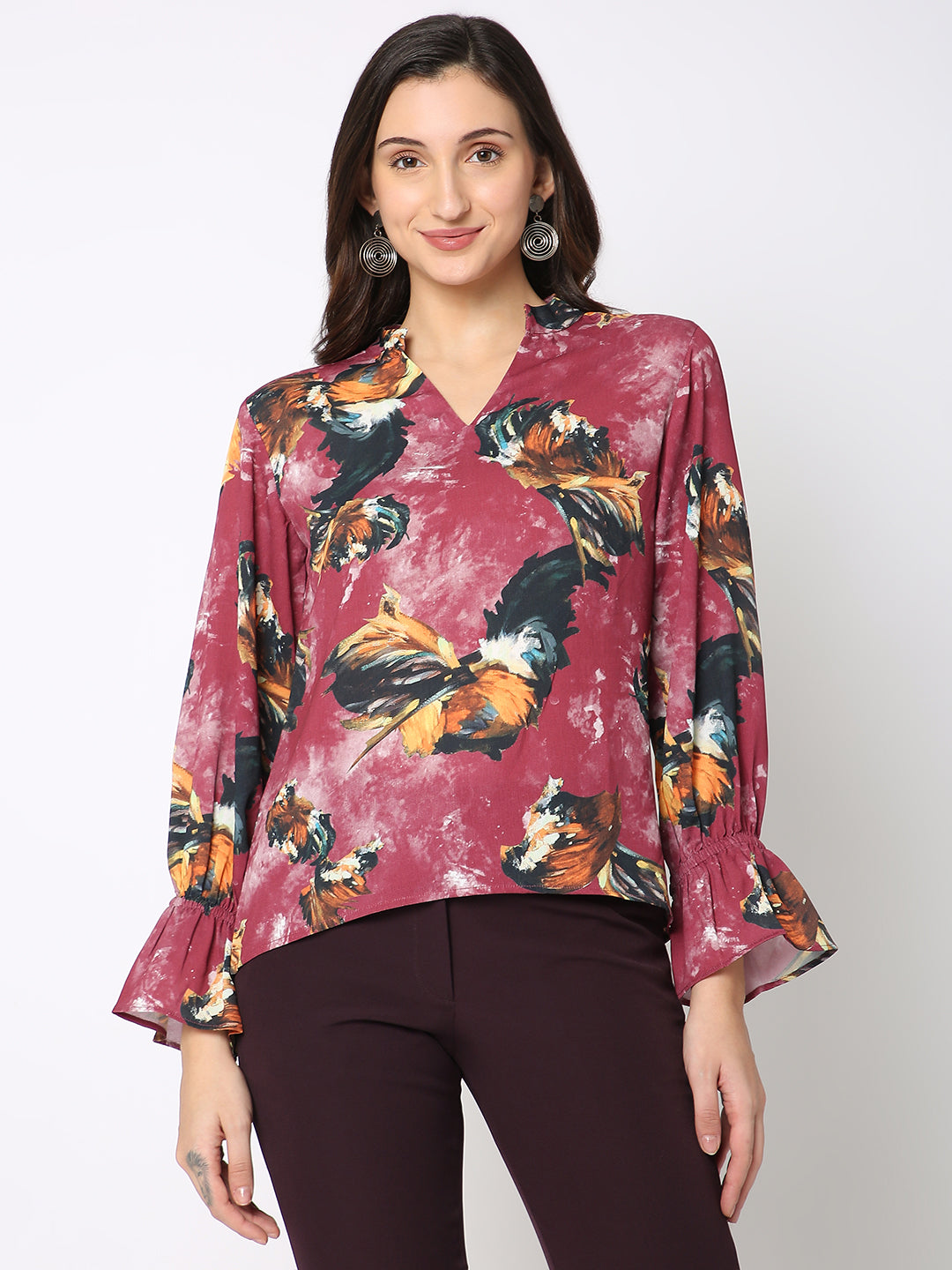 Wine Floral Print Full Sleeve Top
