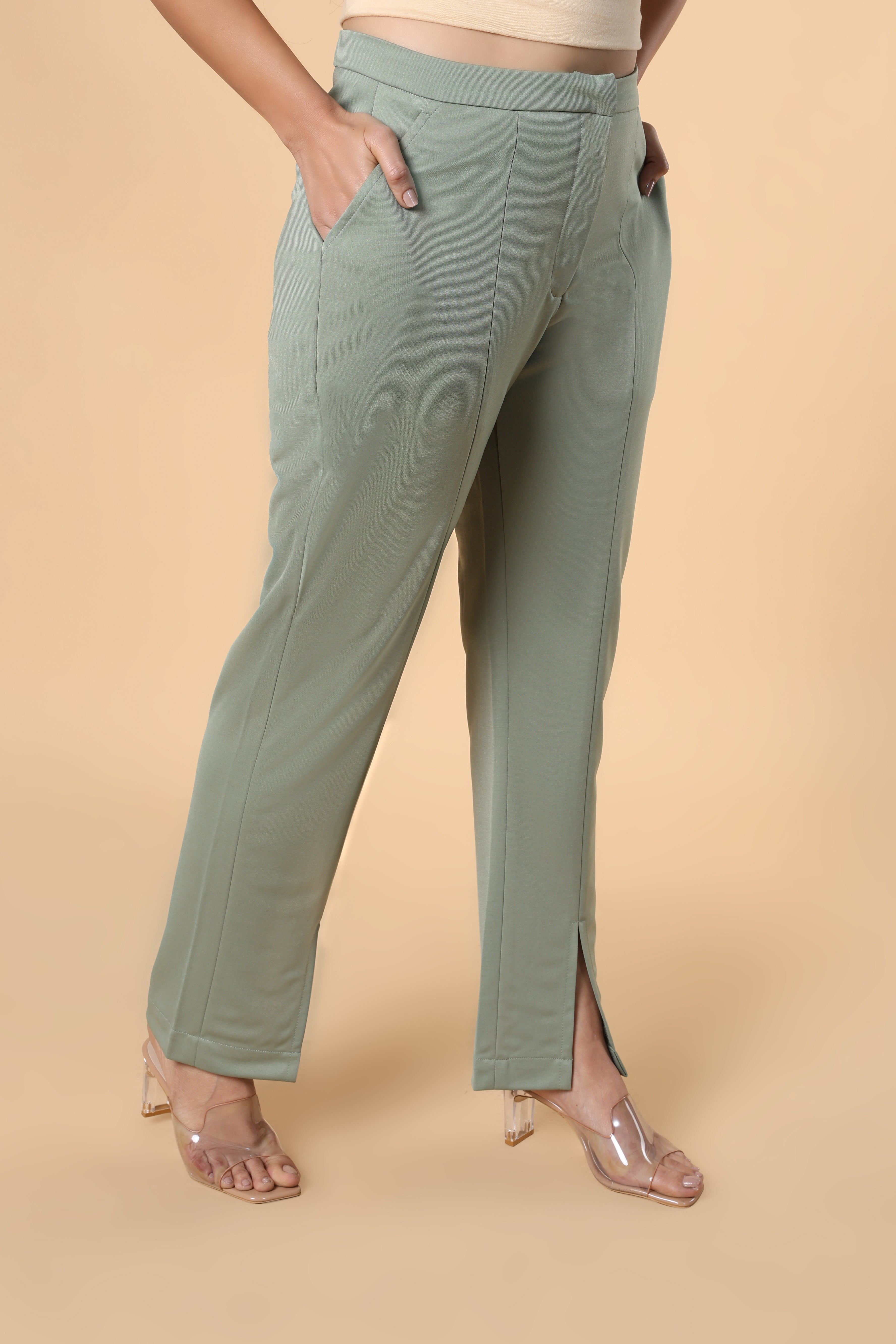 Mid rise slit hem parallel trouser with front zip & side pockets