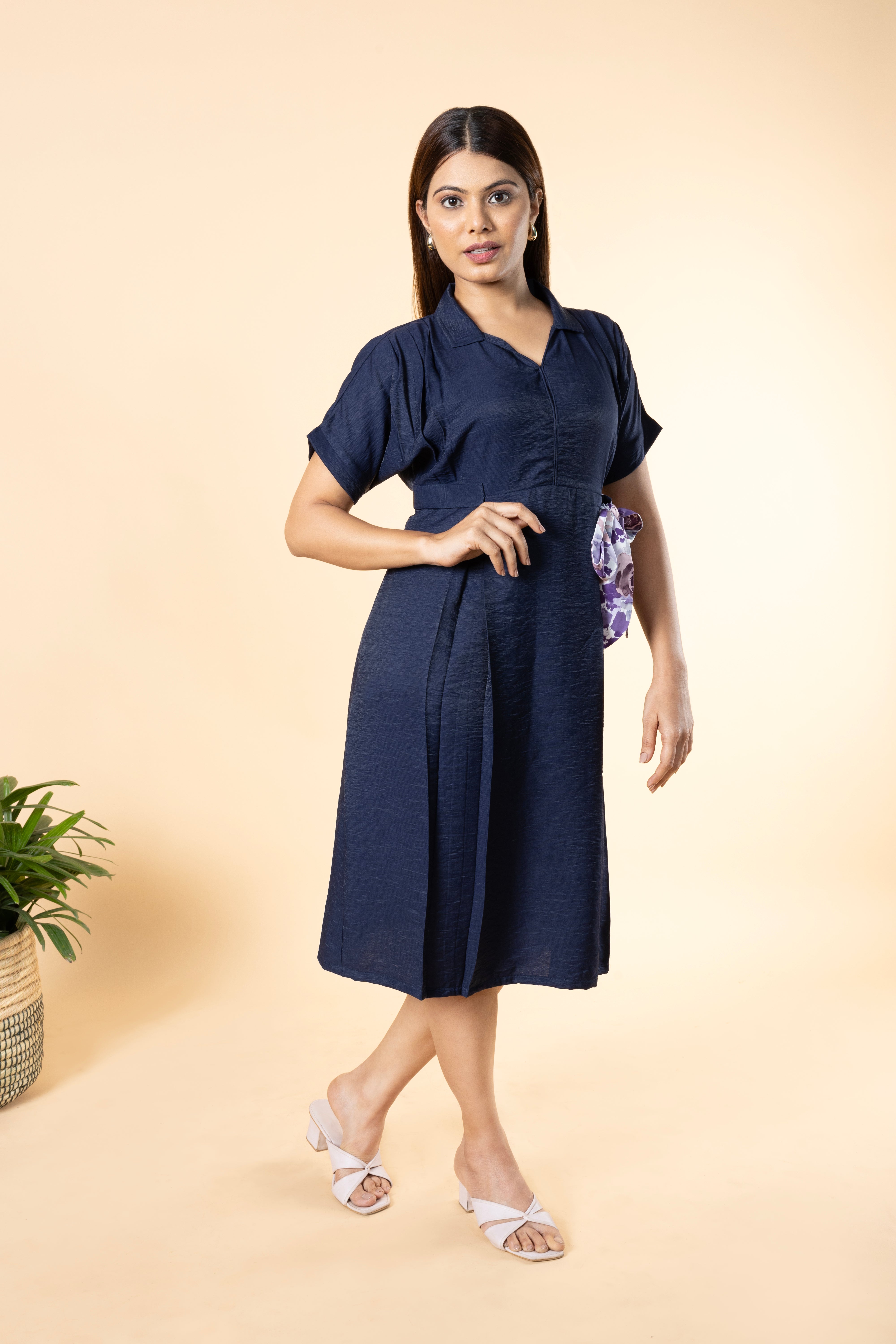 Blue Solid Woven Sheath Dress with Shirt Collar