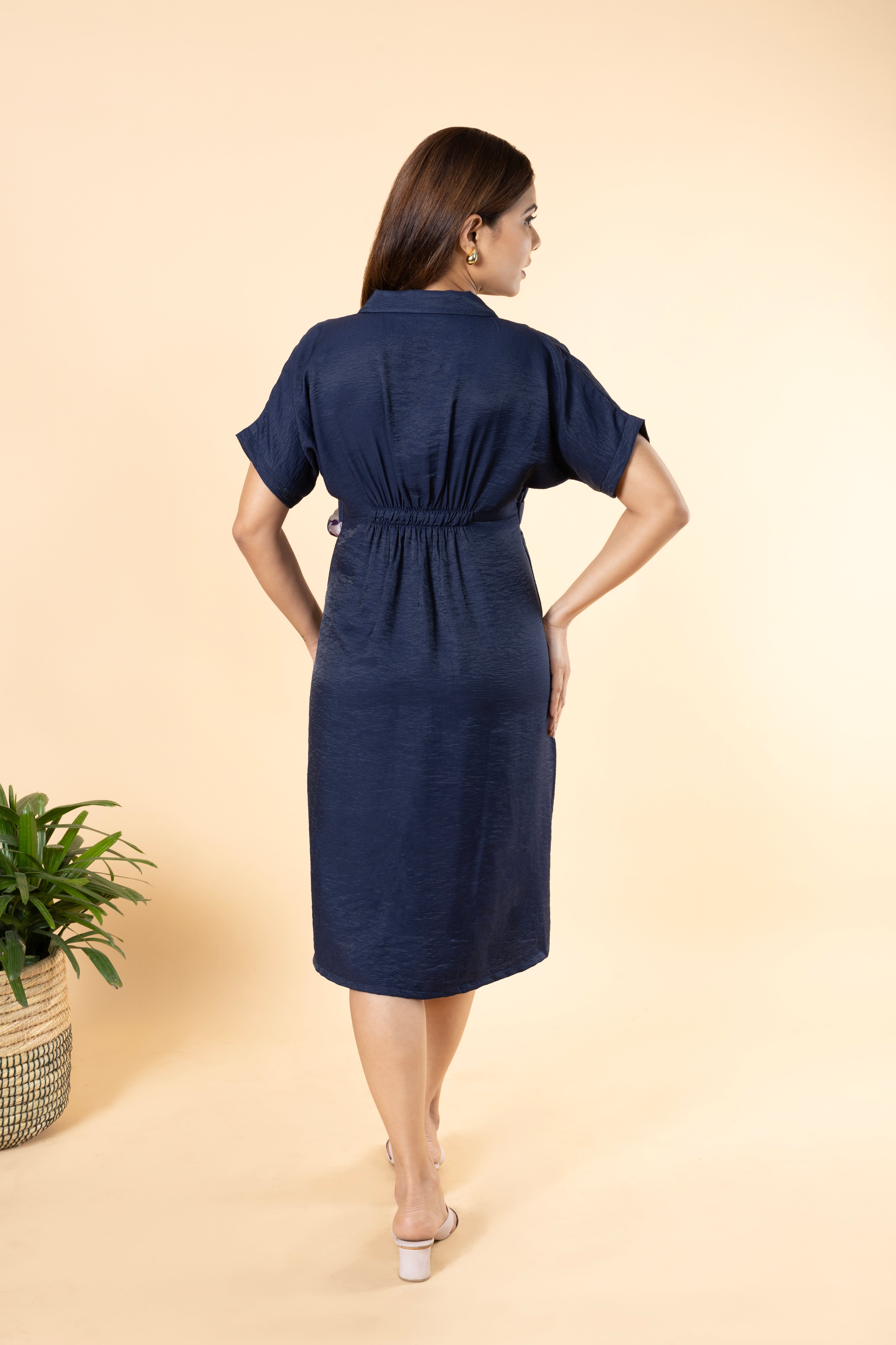 Blue Solid Woven Sheath Dress with Shirt Collar