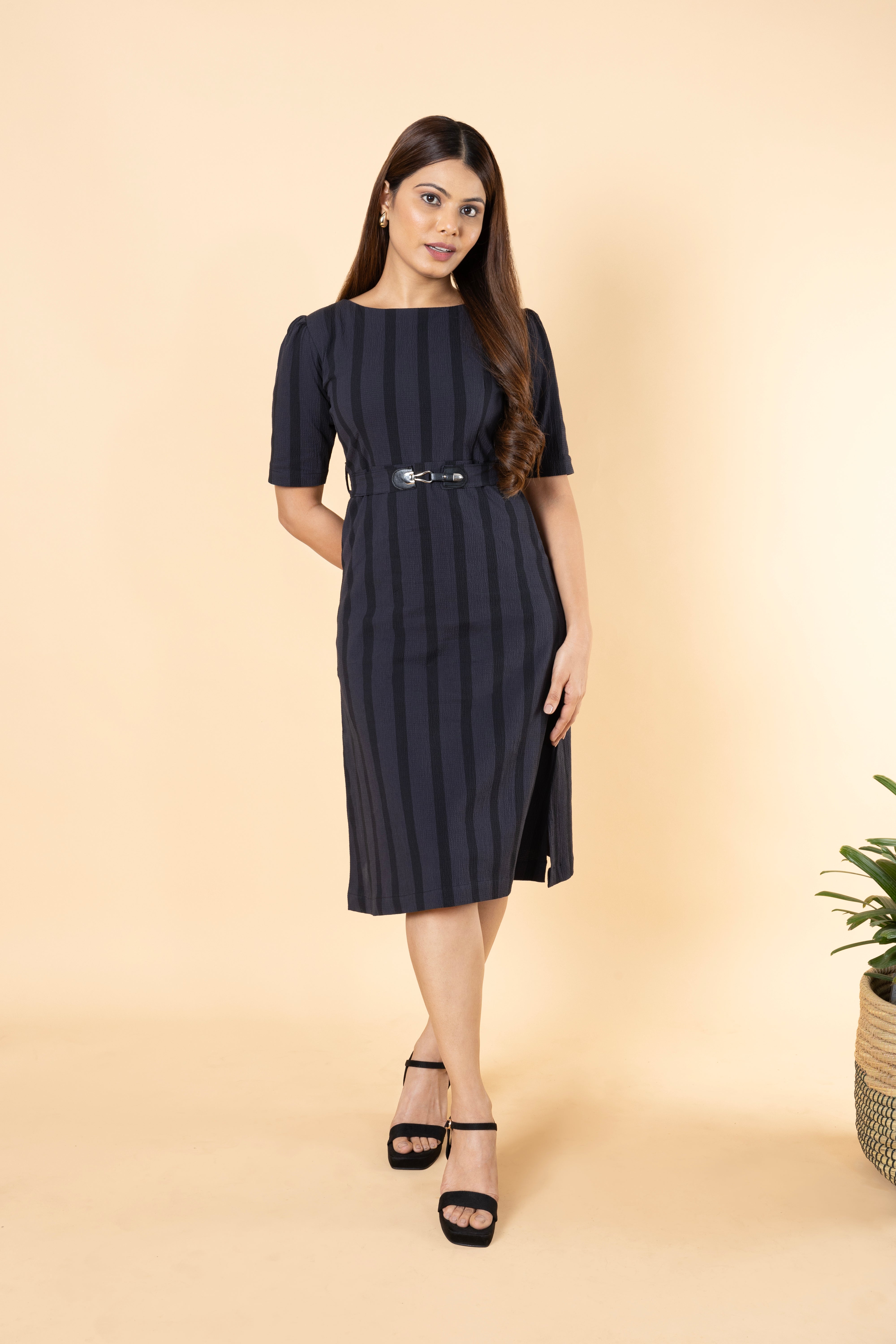 Pinstripe Sheath Boat neck Womens Dress