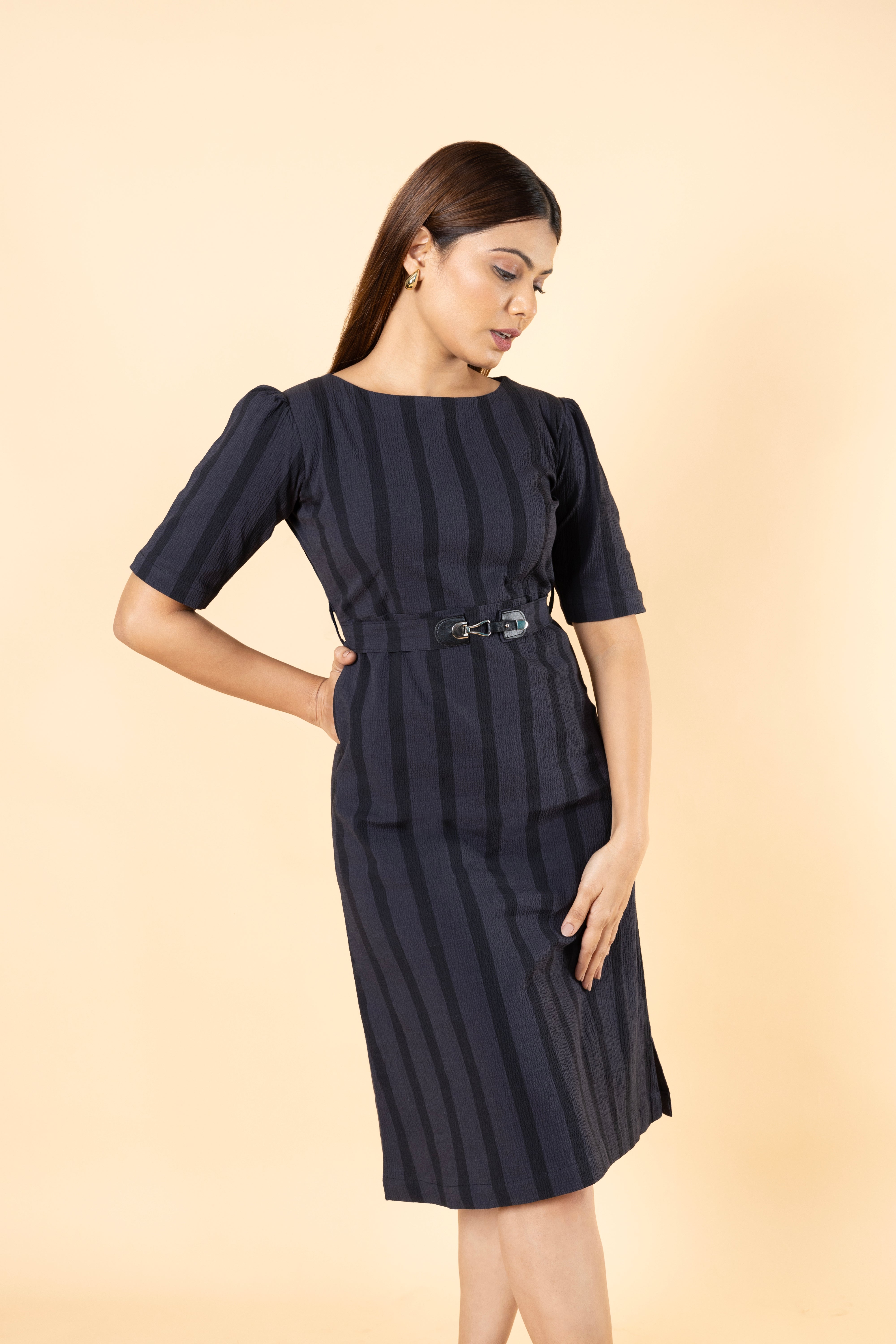Pinstripe Sheath Boat neck Womens Dress