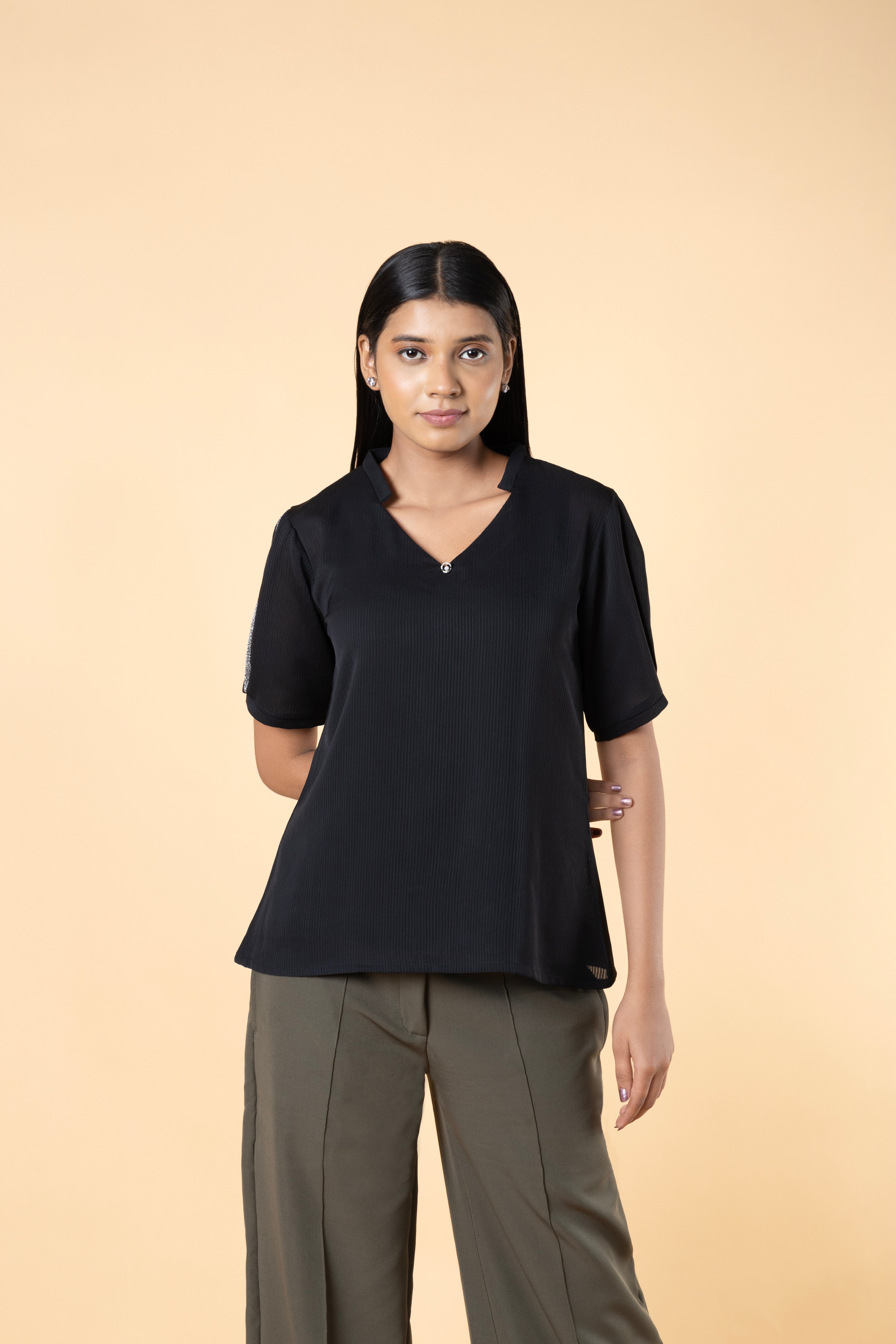 Women Regular V Neck Sleeve Lace Detailed Top