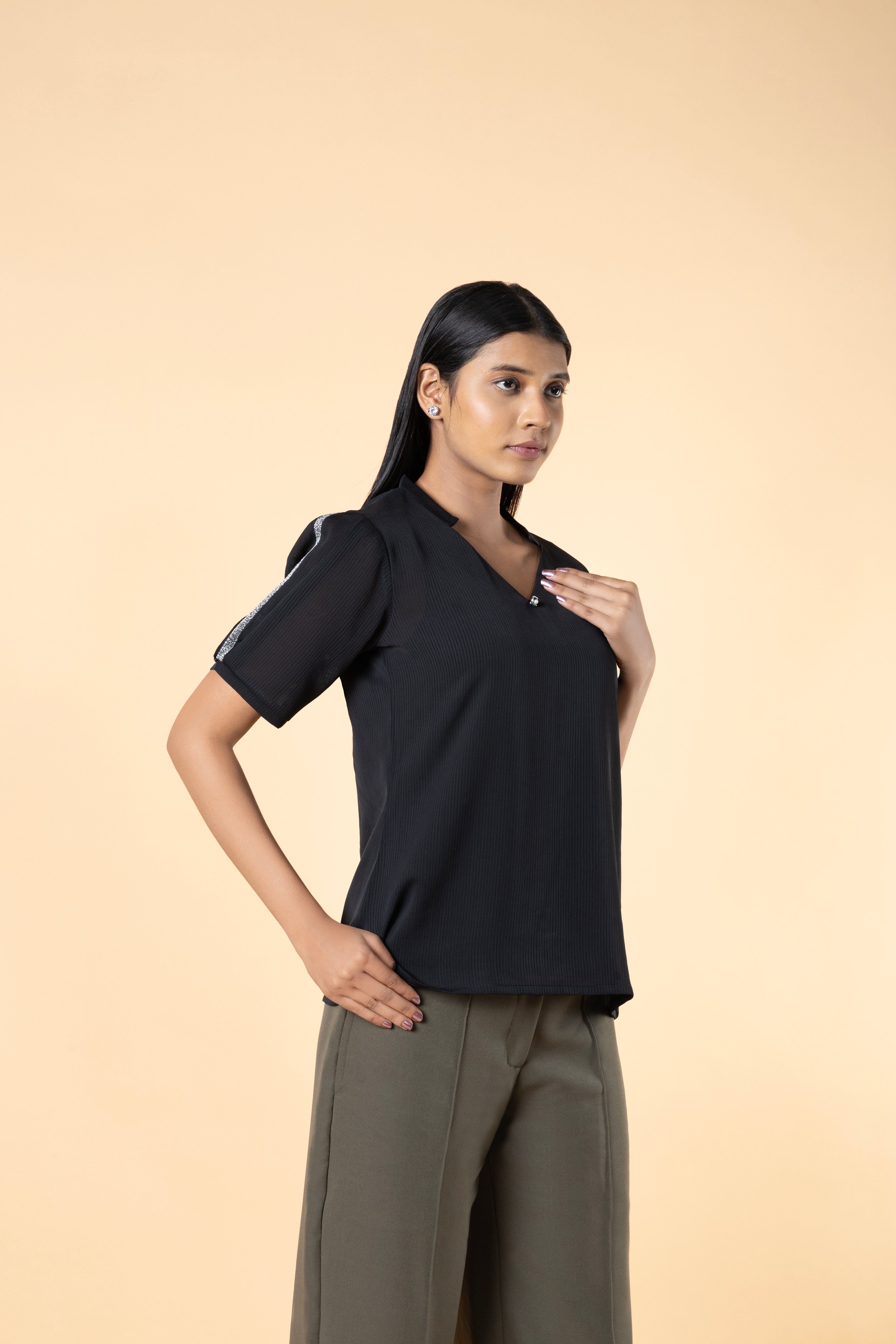 Women Regular V Neck Sleeve Lace Detailed Top