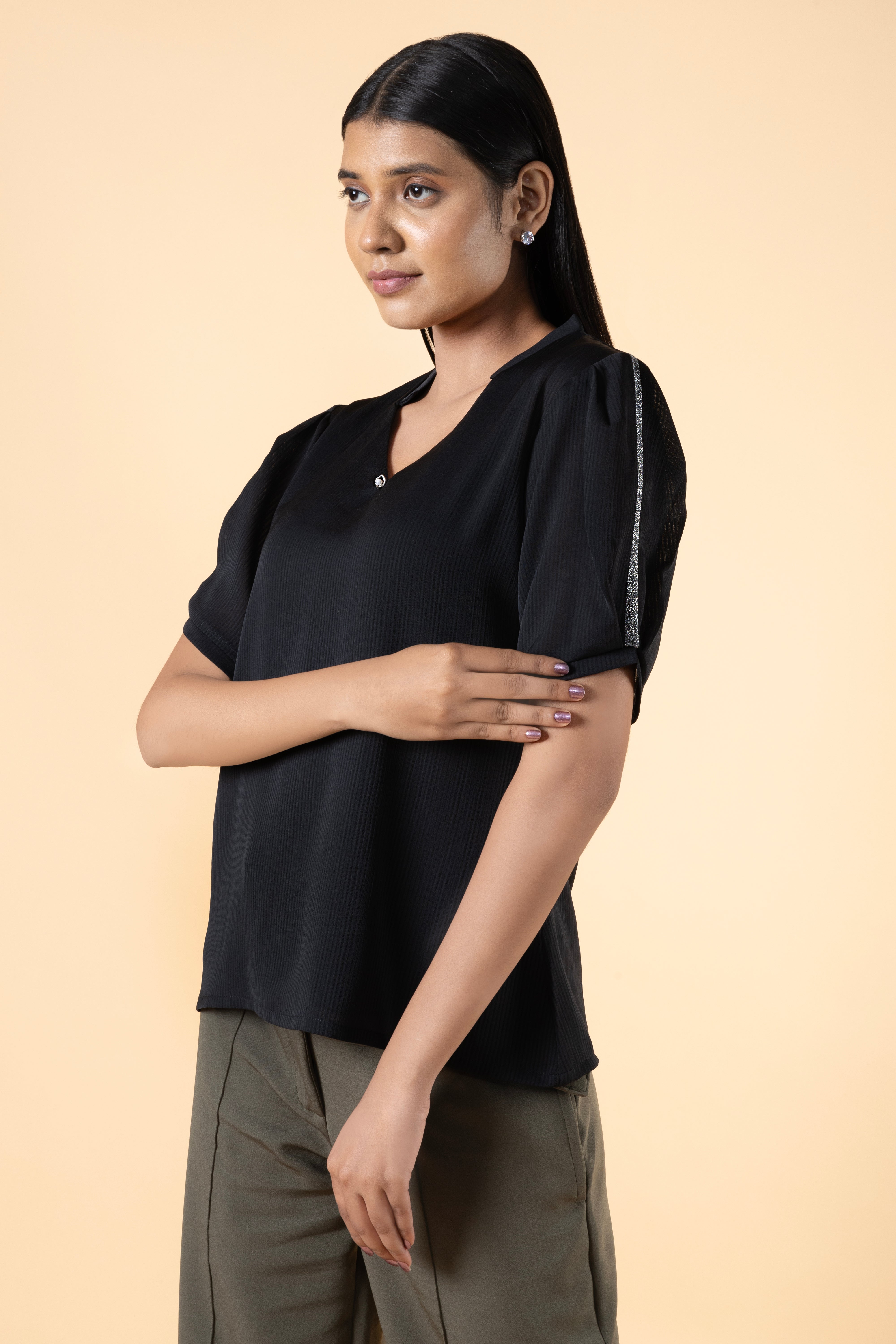 Women Regular V Neck Sleeve Lace Detailed Top