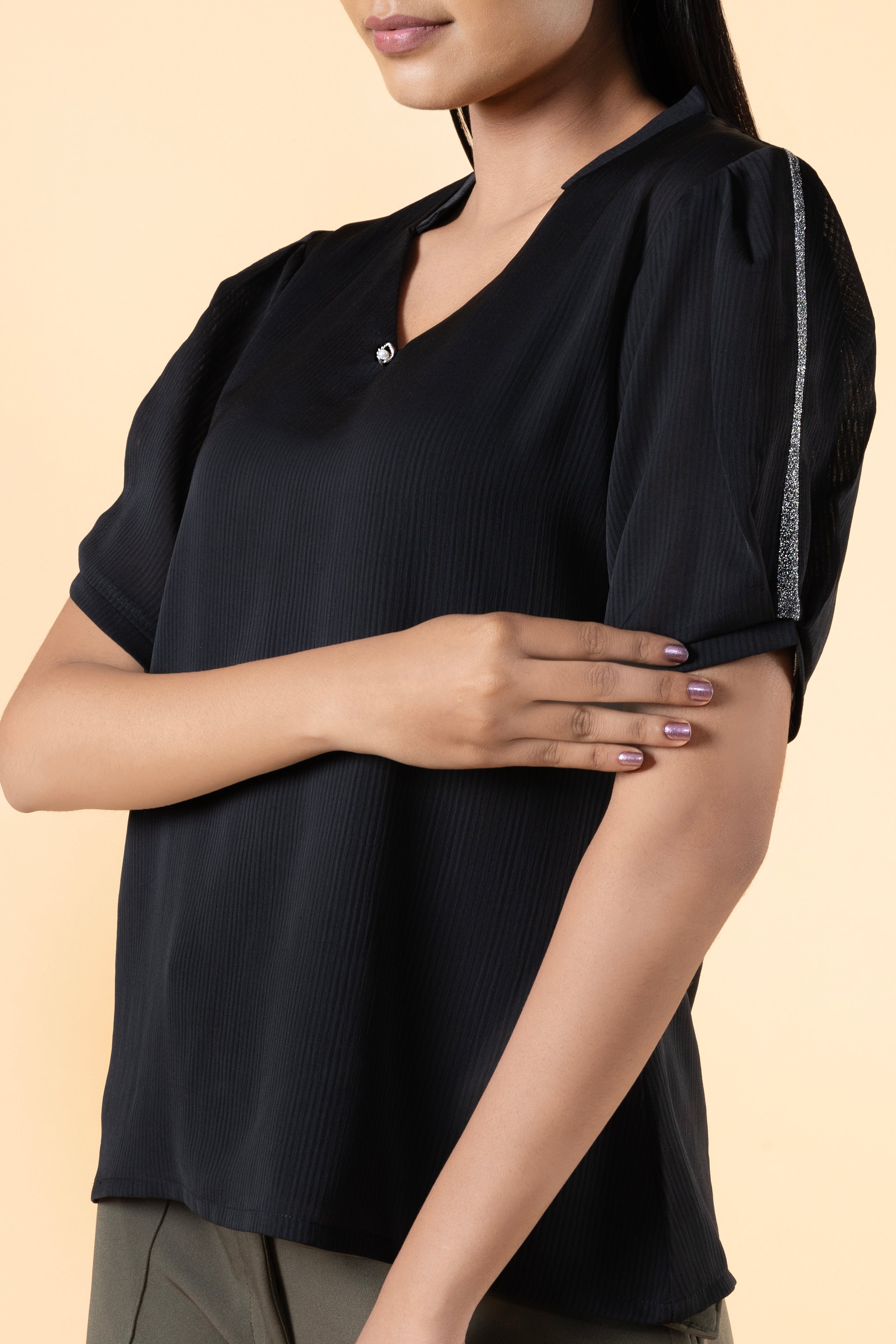 Women Regular V Neck Sleeve Lace Detailed Top