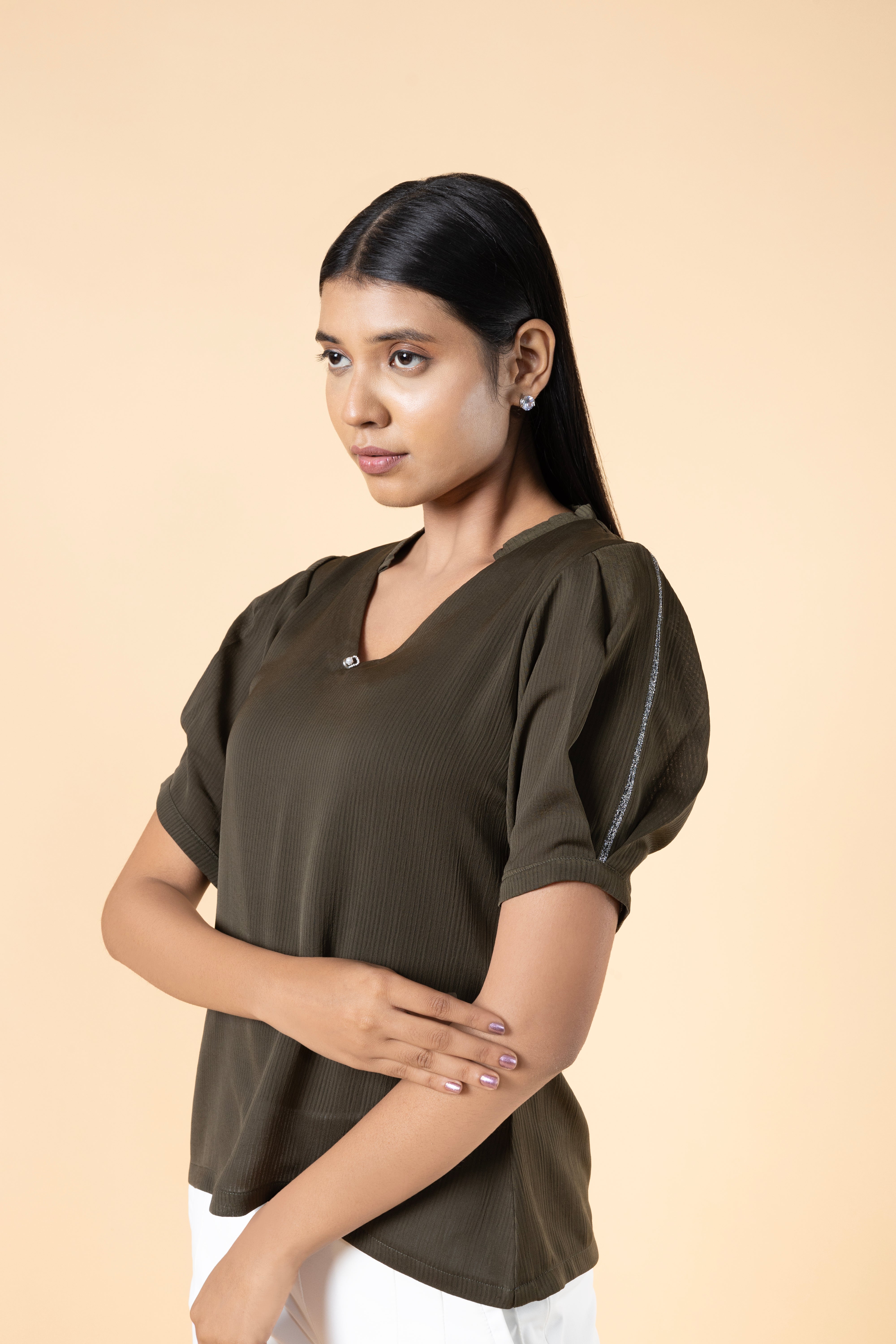 Women Regular V Neck Sleeve Lace Detailed Top
