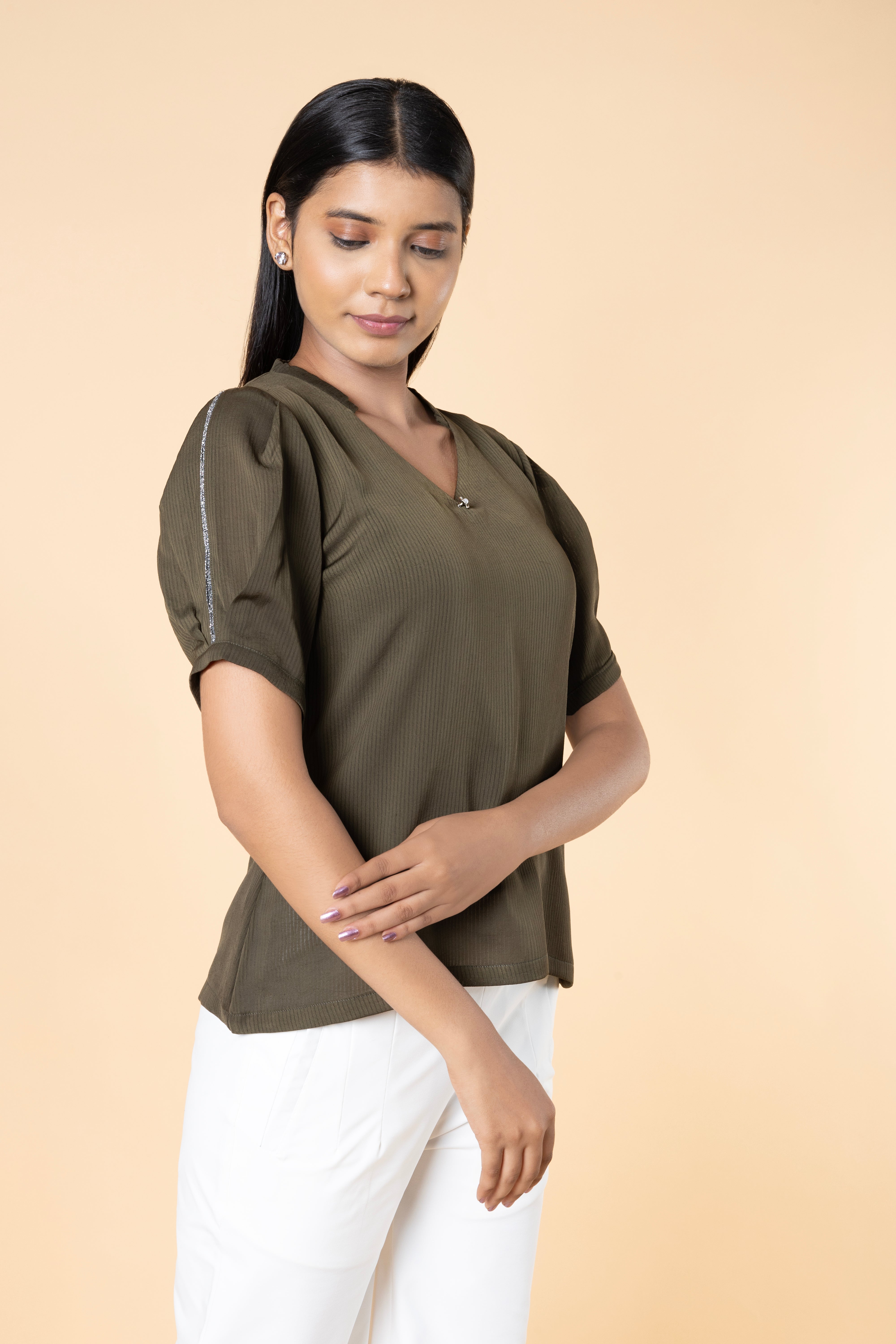 Women Regular V Neck Sleeve Lace Detailed Top