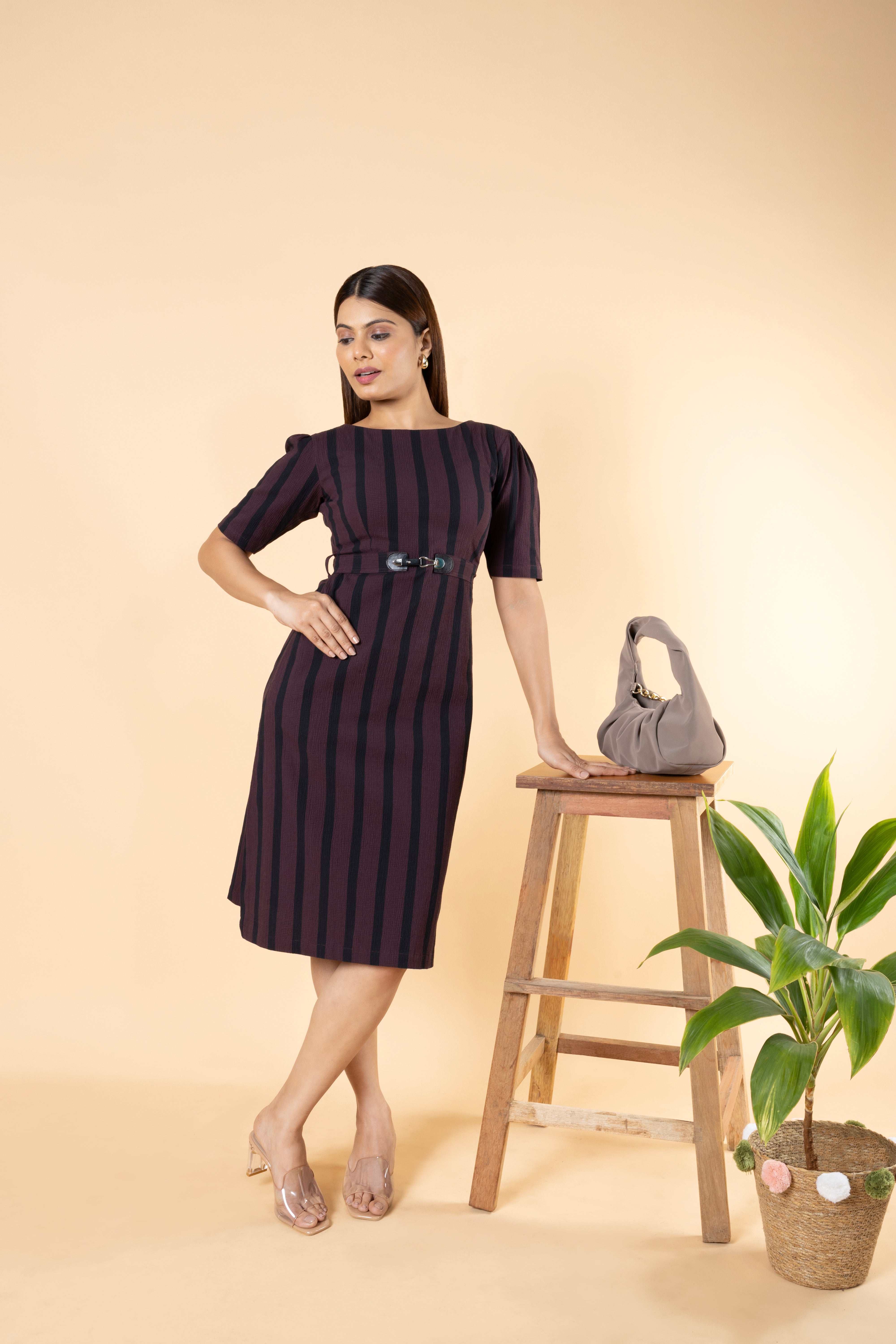 Pinstripe Sheath Boat neck Womens Dress