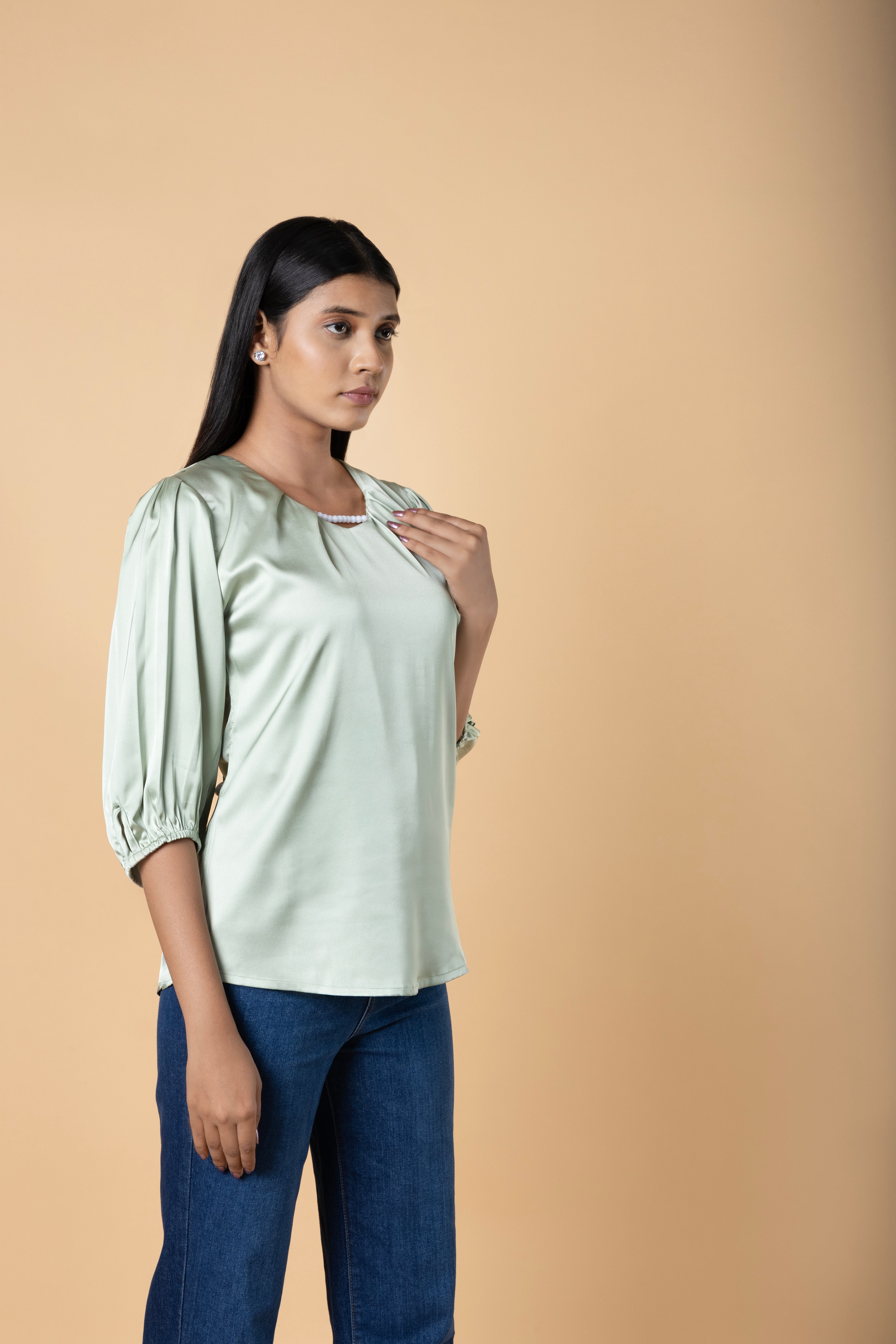 Women Solid Sleeve Detailed Design Top