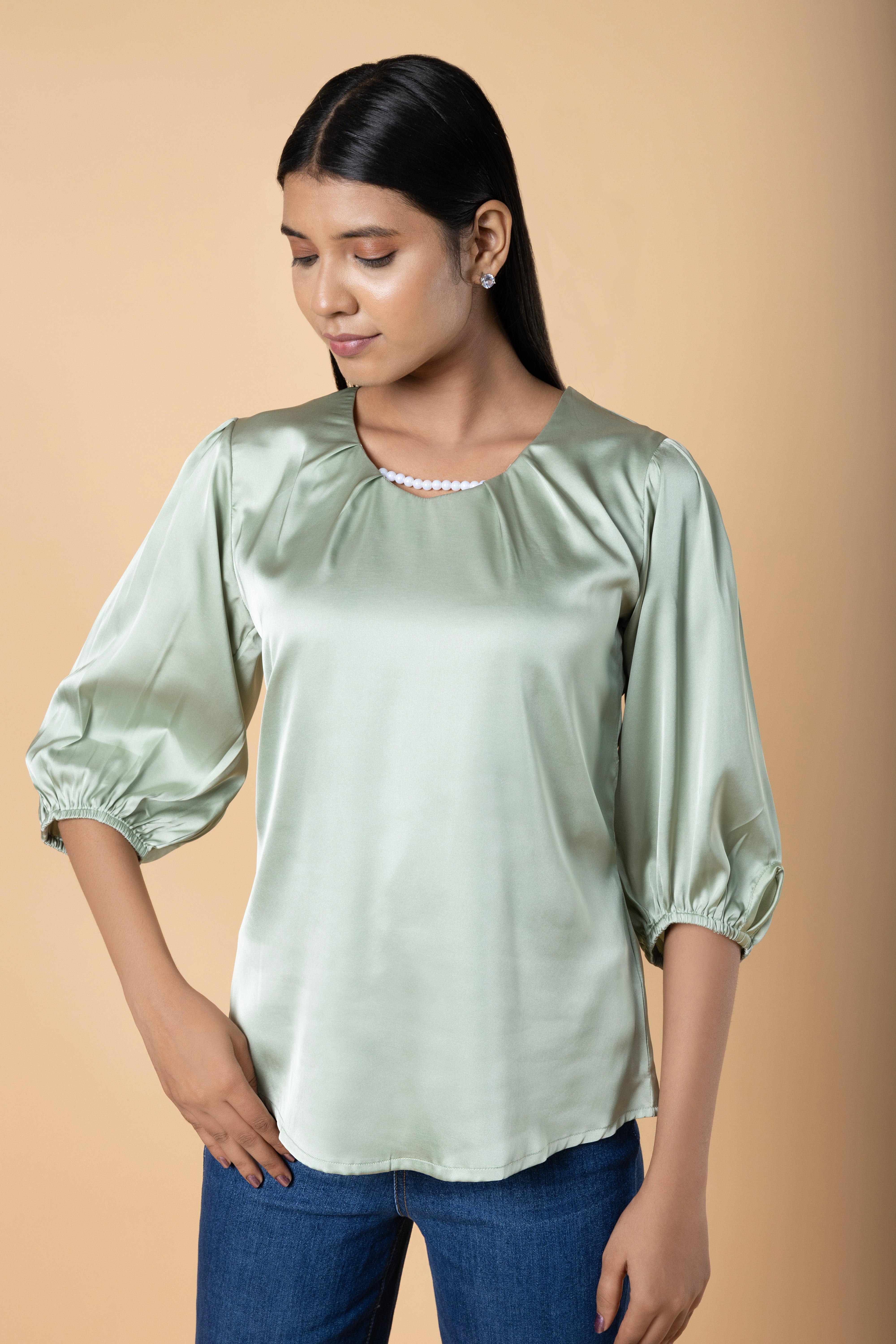 Women Solid Sleeve Detailed Design Top