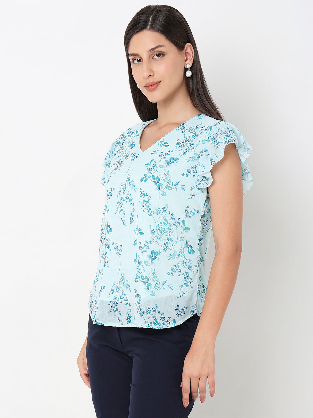 Sea Green Floral Ruffle Top