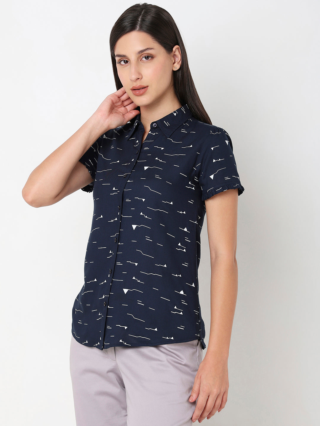 Navy Ruffle Sleeve Shirt