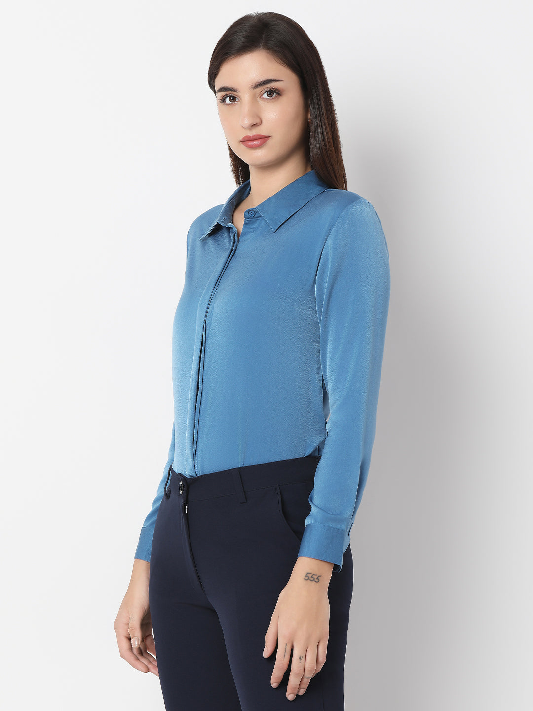 Solid Satin Concealed Placket Shirt