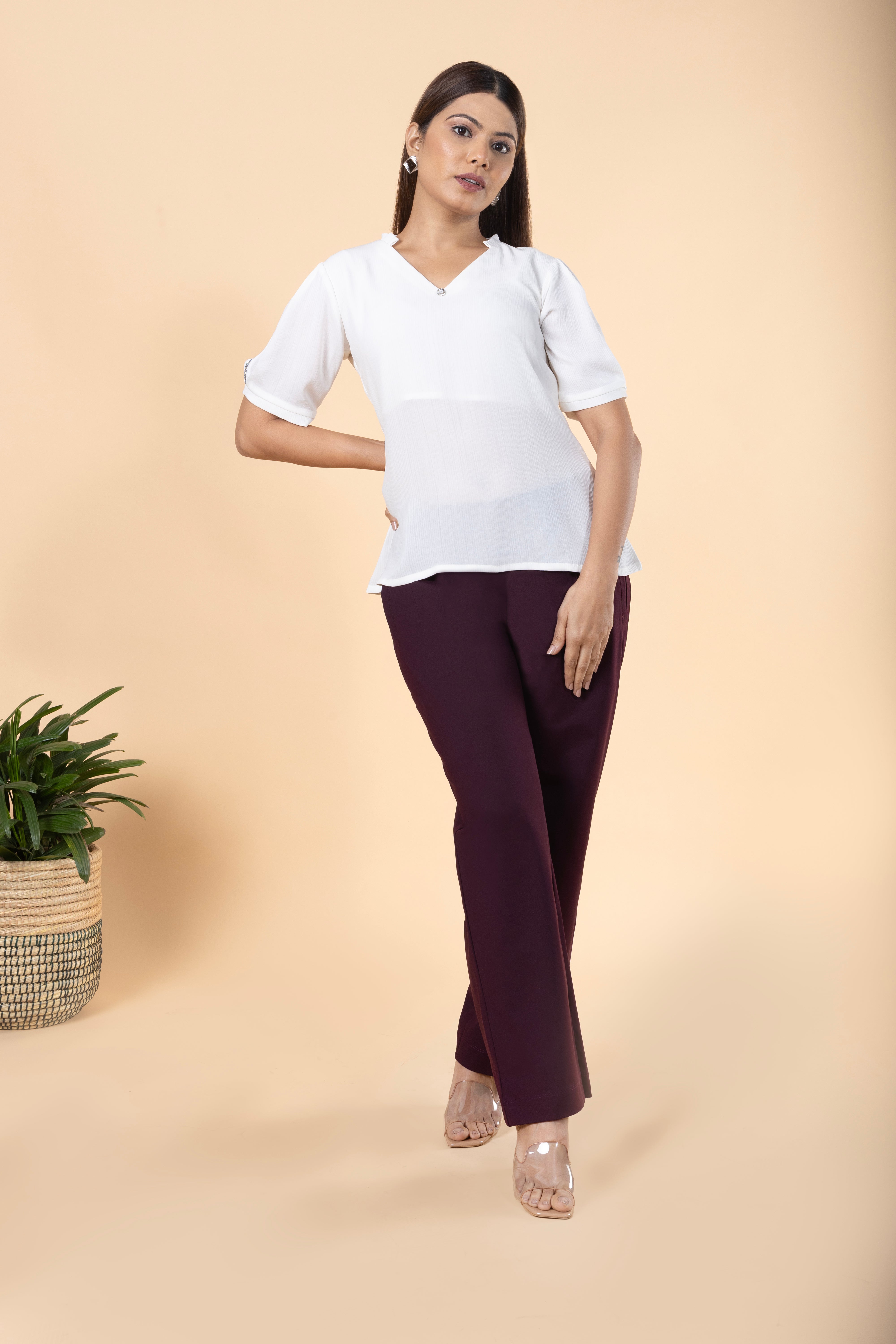 Women Regular V Neck Sleeve Lace Detailed Top