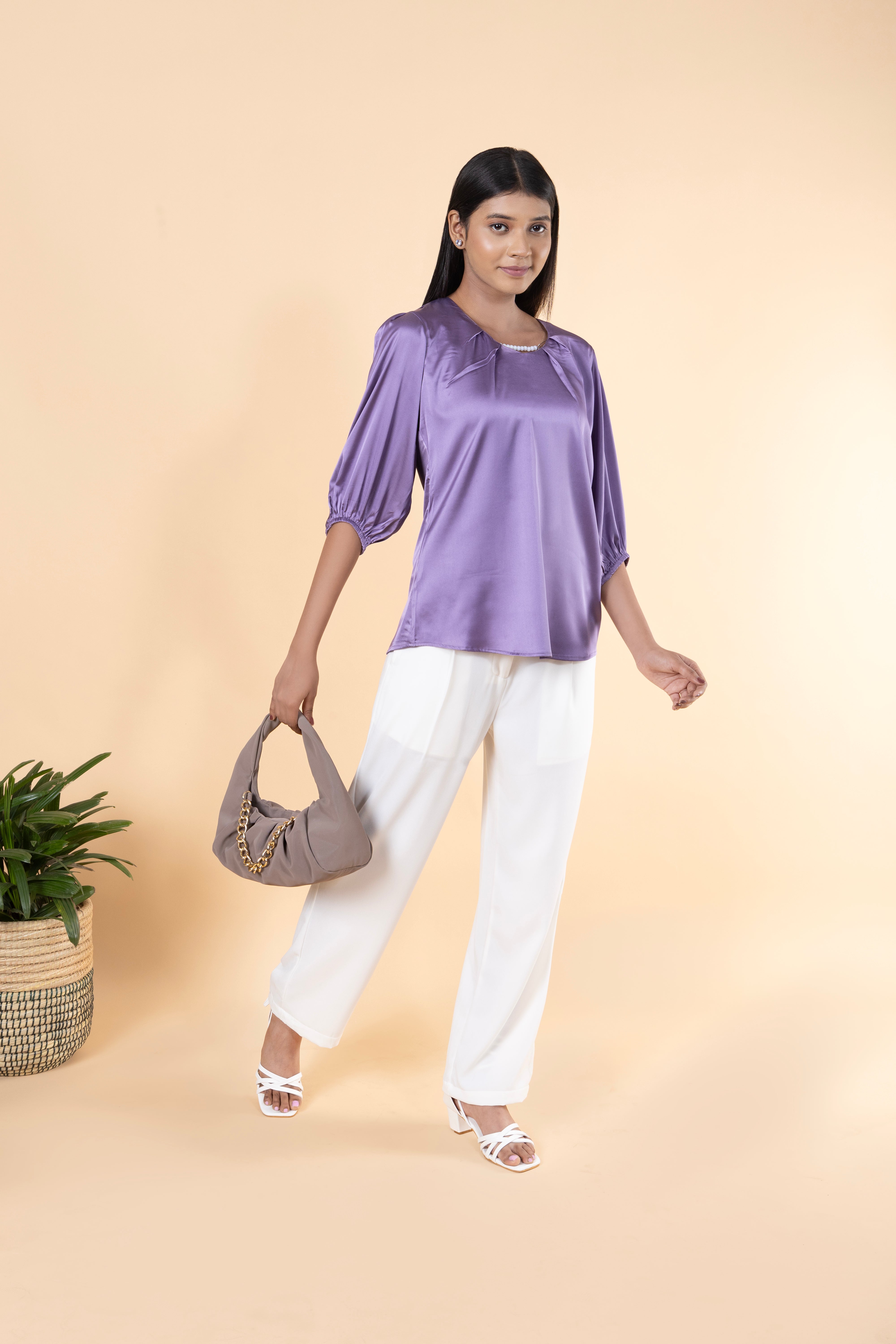 Women Solid Sleeve Detailed Design Top