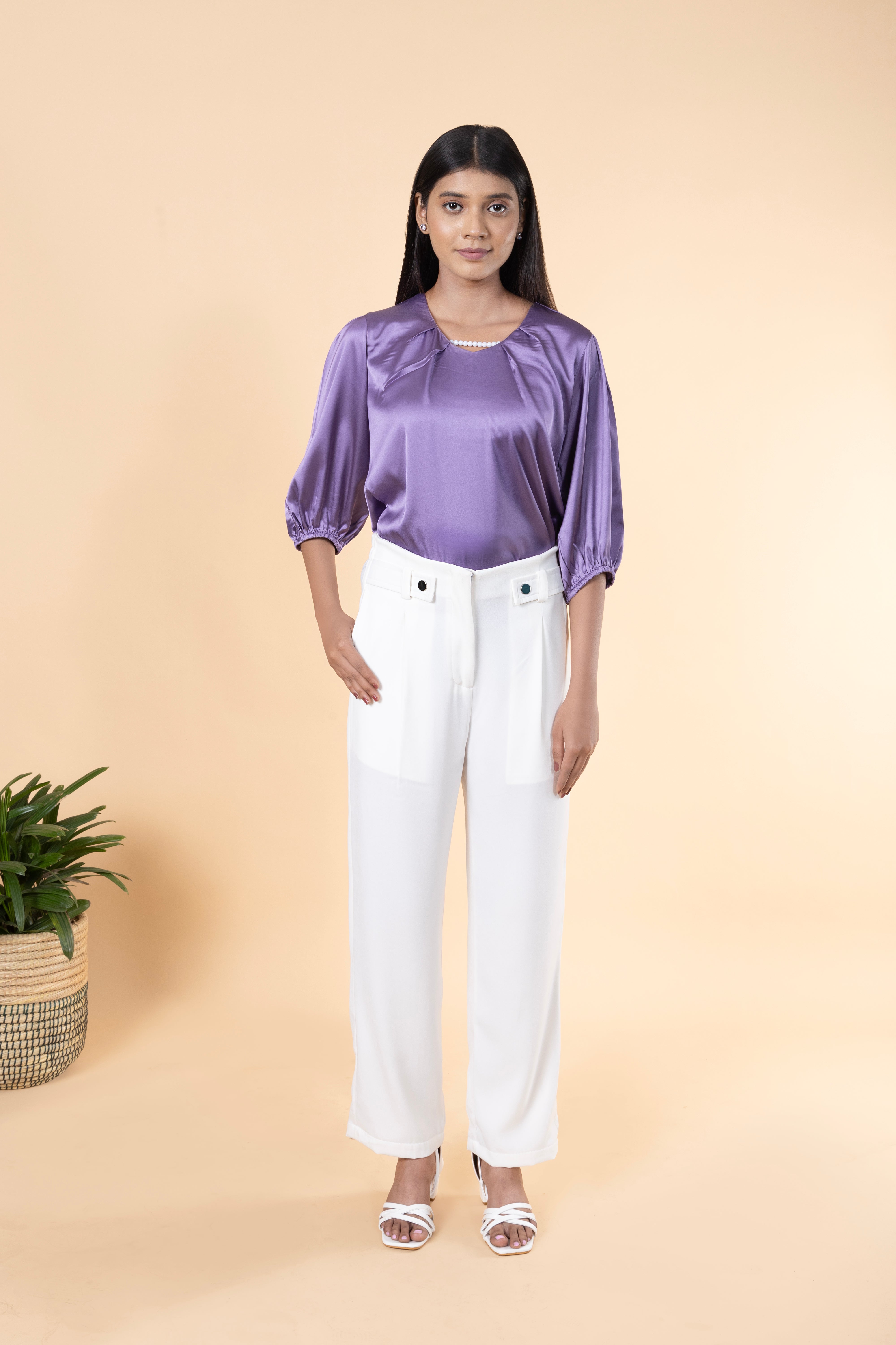 Women Solid Sleeve Detailed Design Top