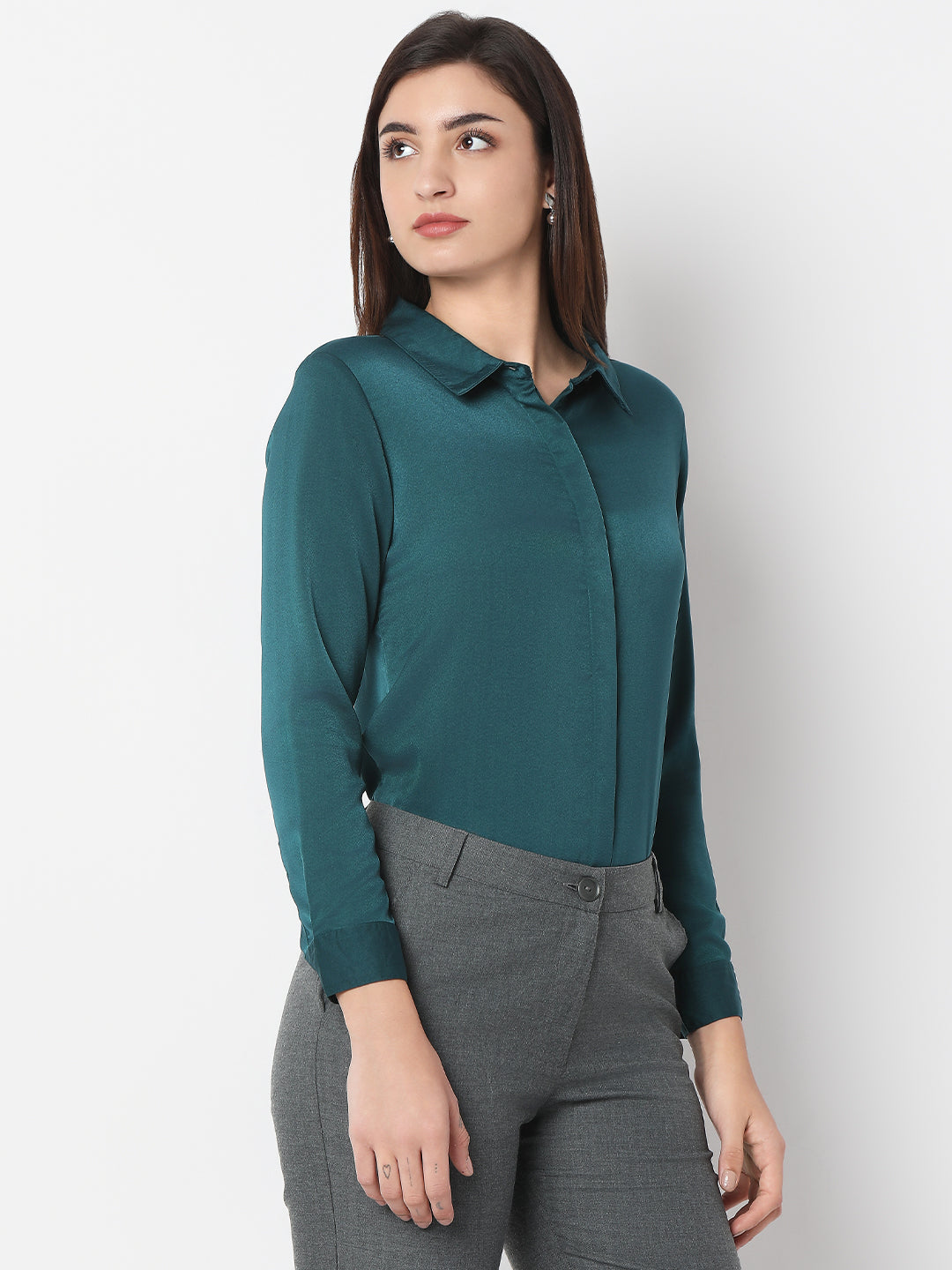Solid Satin Concealed Placket Shirt