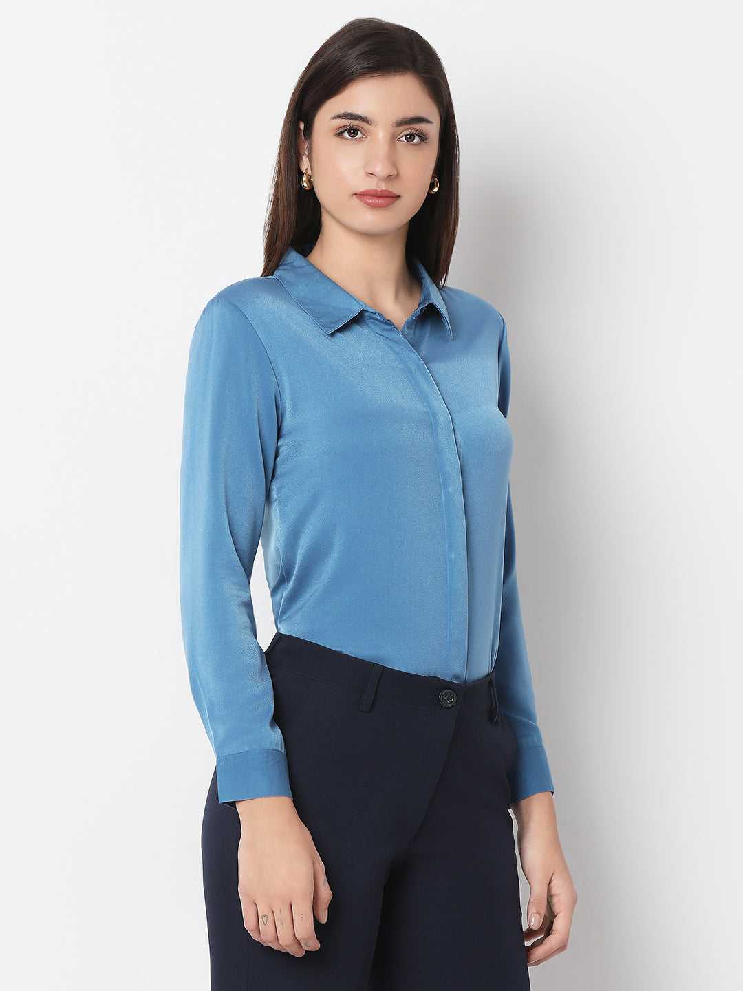 Solid Satin Concealed Placket Shirt