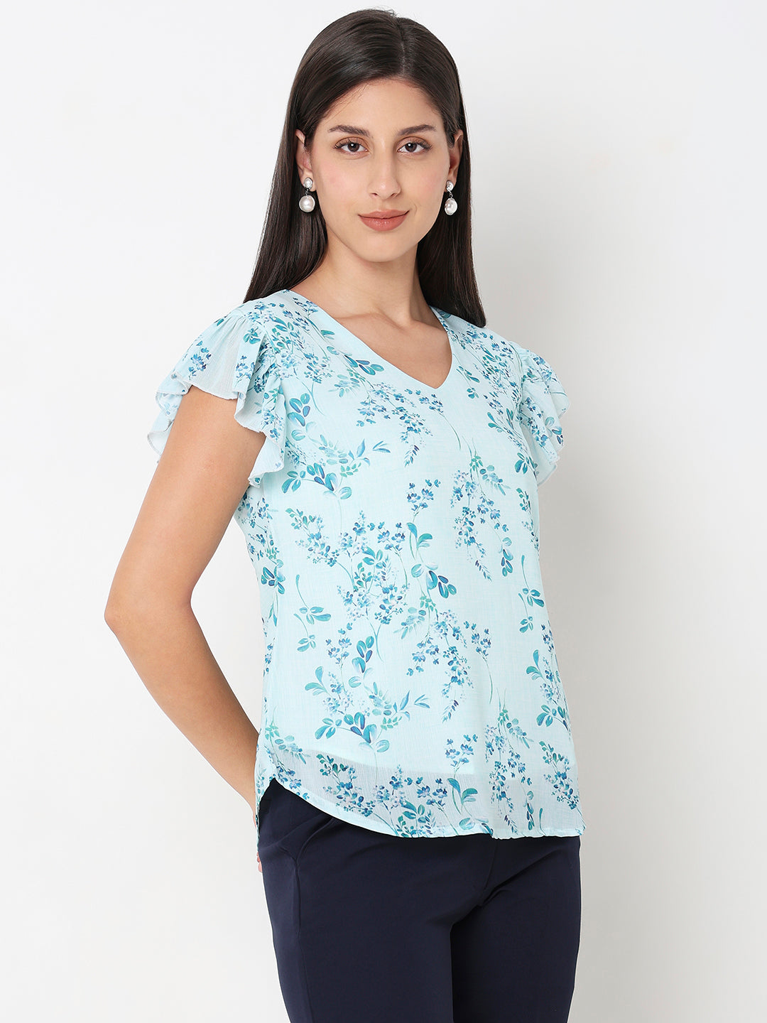 Sea Green Floral Ruffle Top