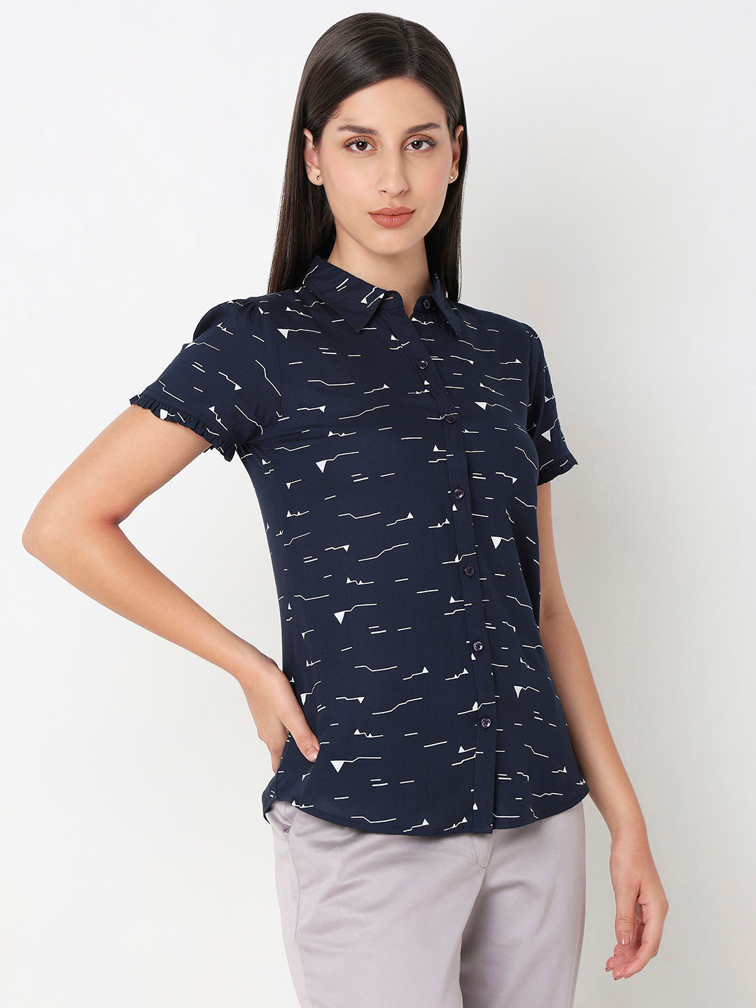 Navy Ruffle Sleeve Shirt