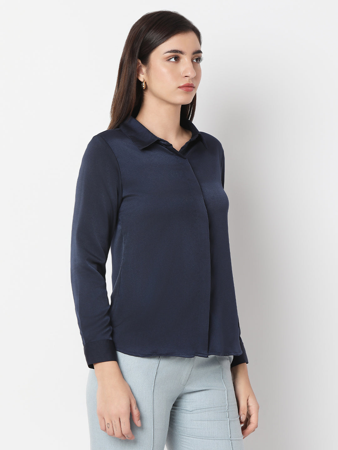 Solid Satin Concealed Placket Shirt