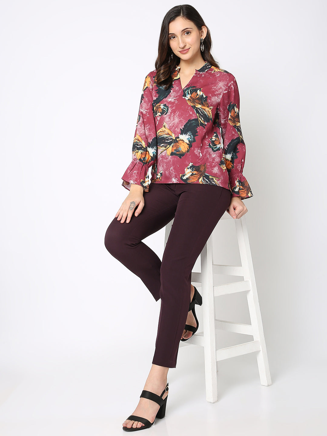 Wine Floral Print Full Sleeve Top