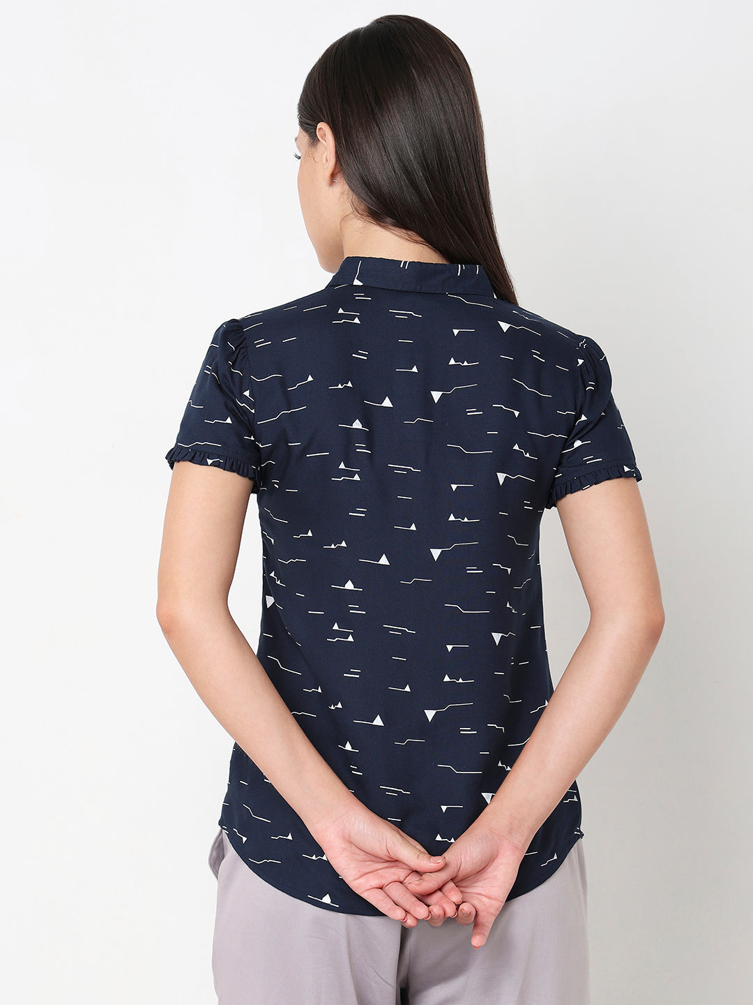 Navy Ruffle Sleeve Shirt