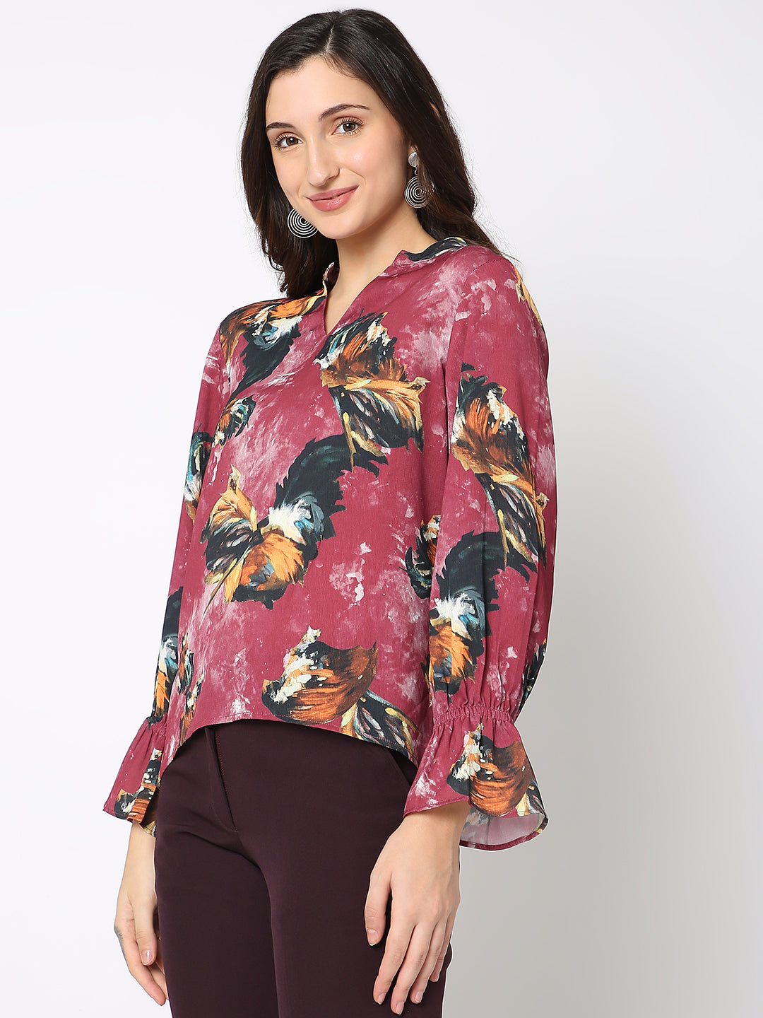 Wine Floral Print Full Sleeve Top