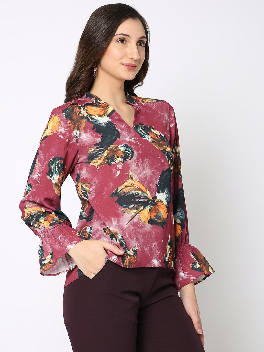 Wine Floral Print Full Sleeve Top
