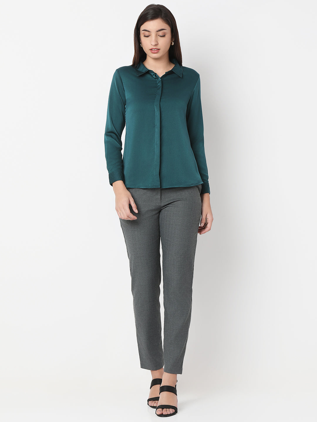 Solid Satin Concealed Placket Shirt
