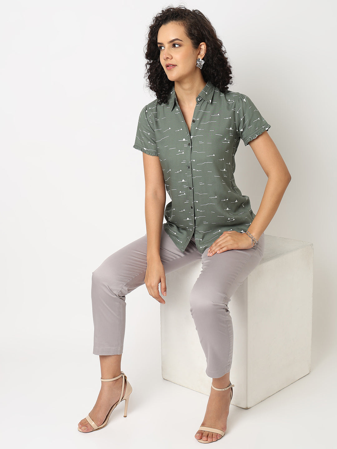 Green Ruffle Sleeve Shirt