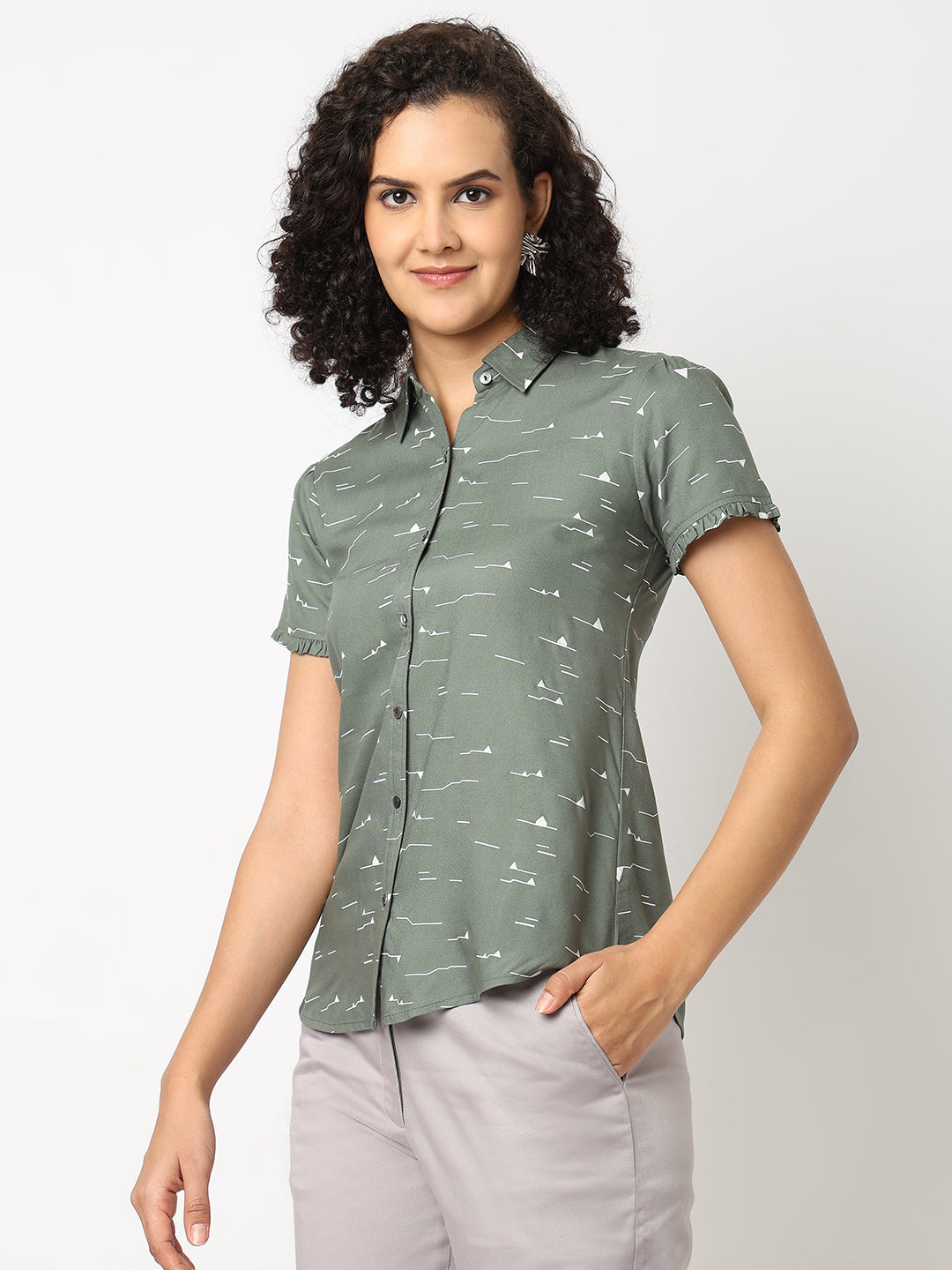 Green Ruffle Sleeve Shirt