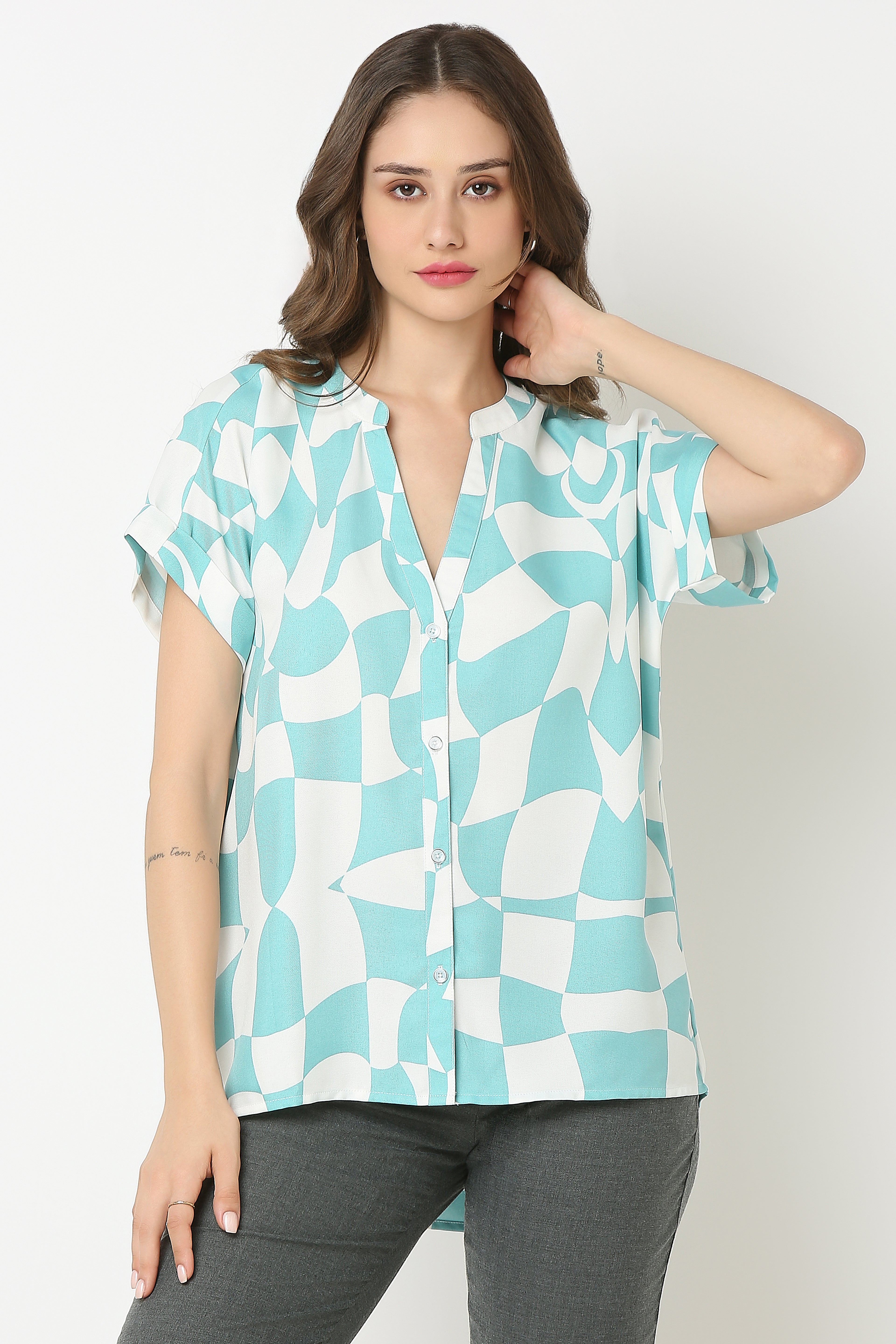 Mandarin Collar Shirt extended sleeves with turn up