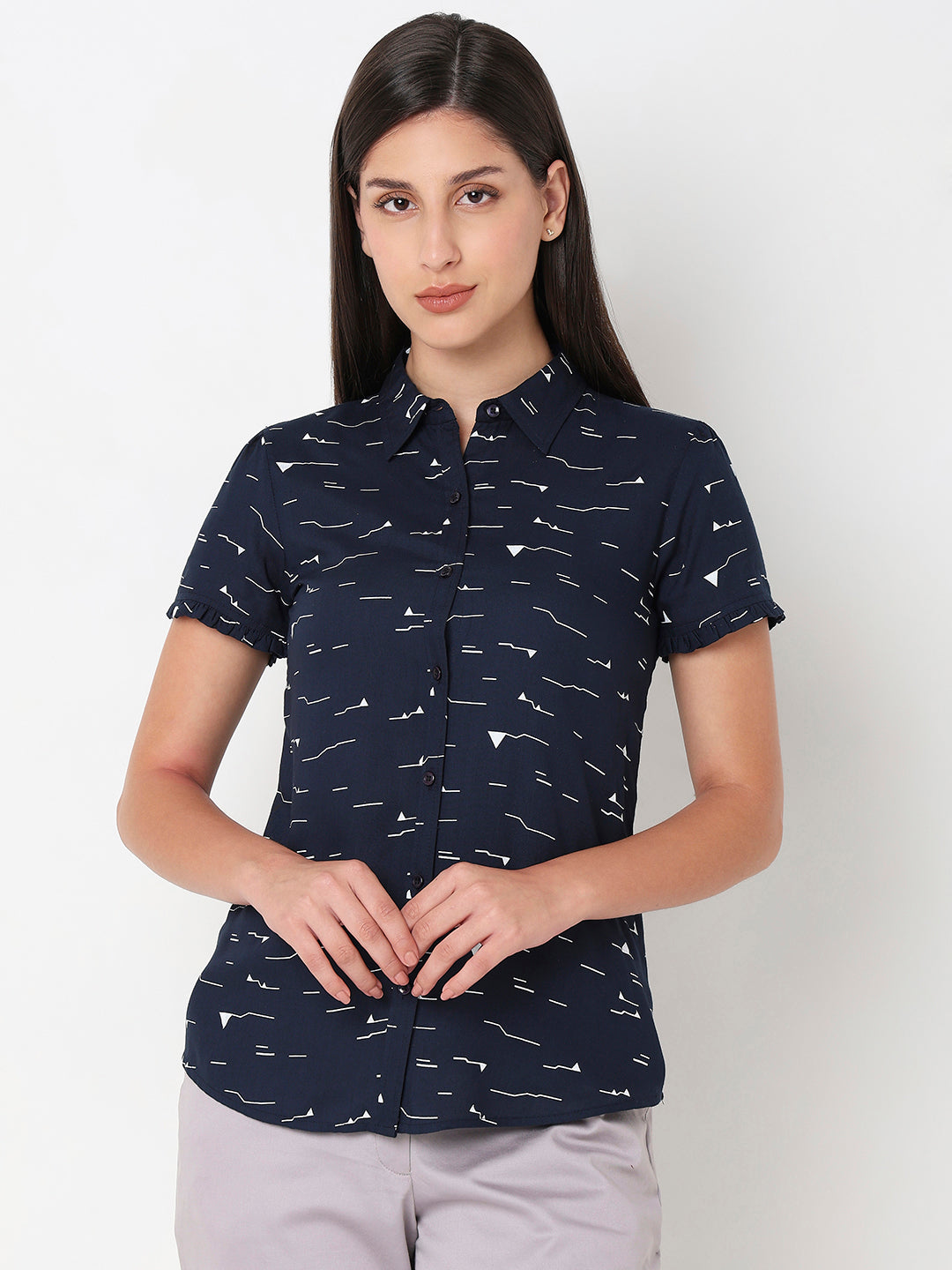 Navy Ruffle Sleeve Shirt