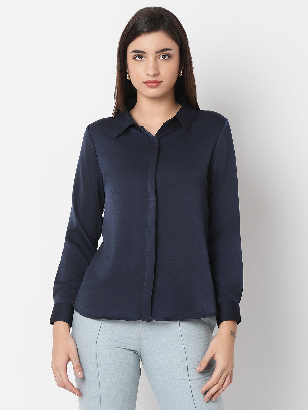 Solid Satin Concealed Placket Shirt