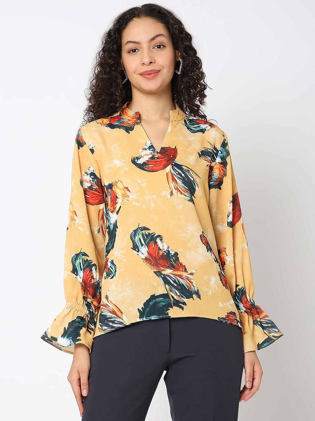 Yellow Floral Print Full Sleeve Top