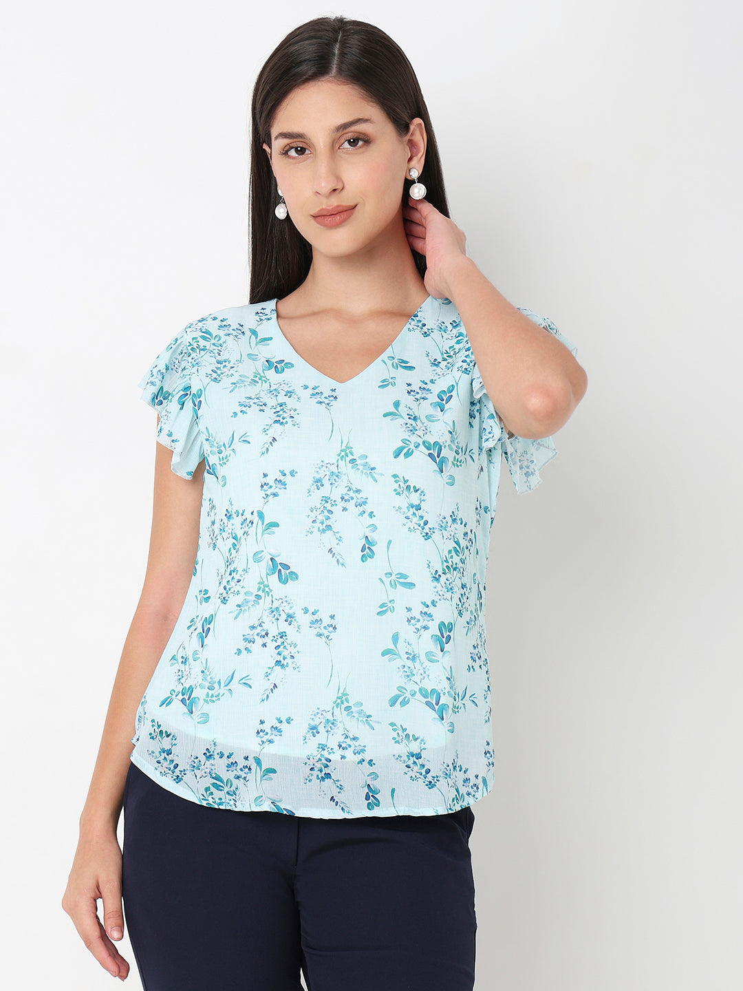 Sea Green Floral Ruffle Top