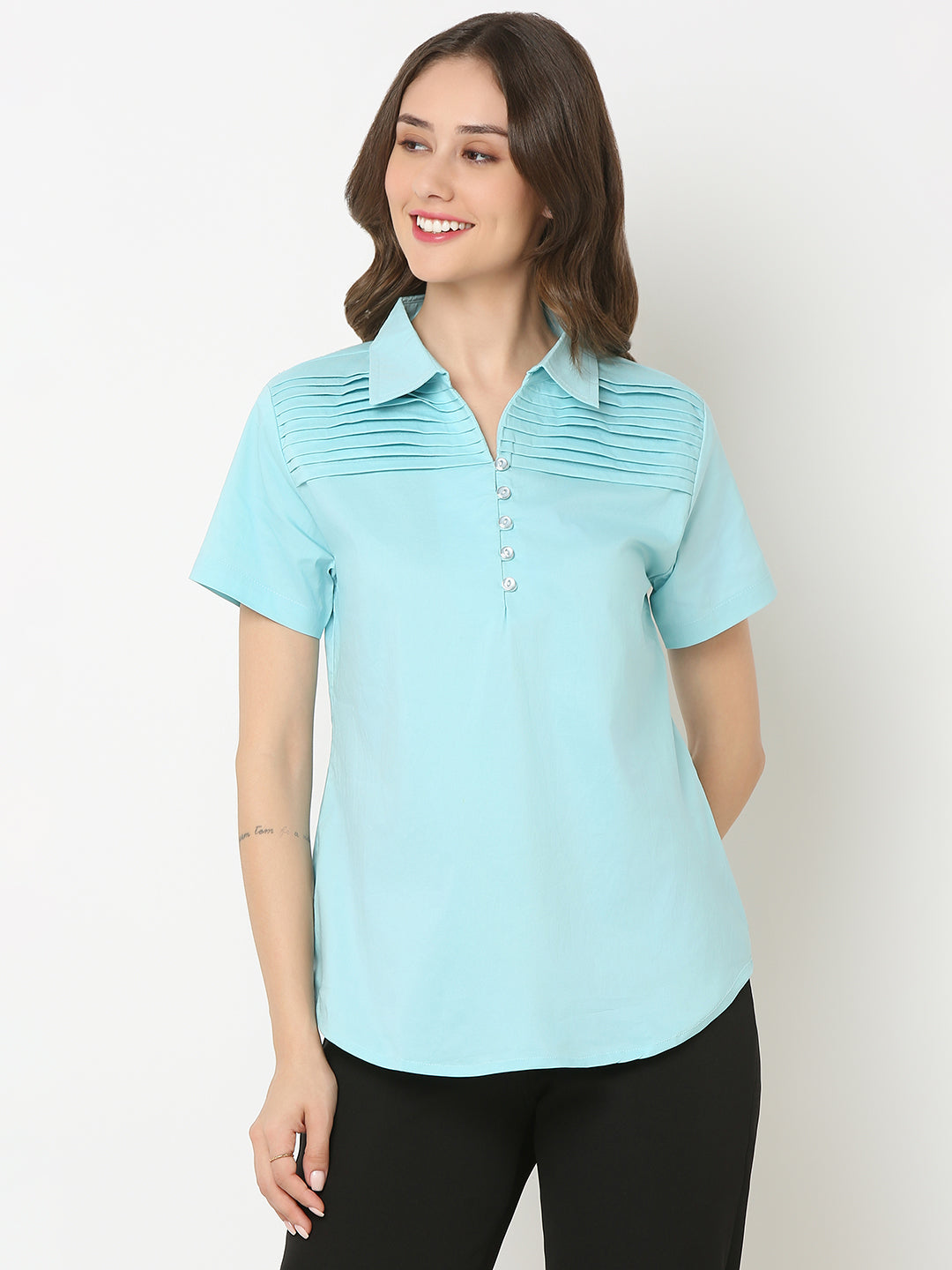 Solid Aqua Top with Collar