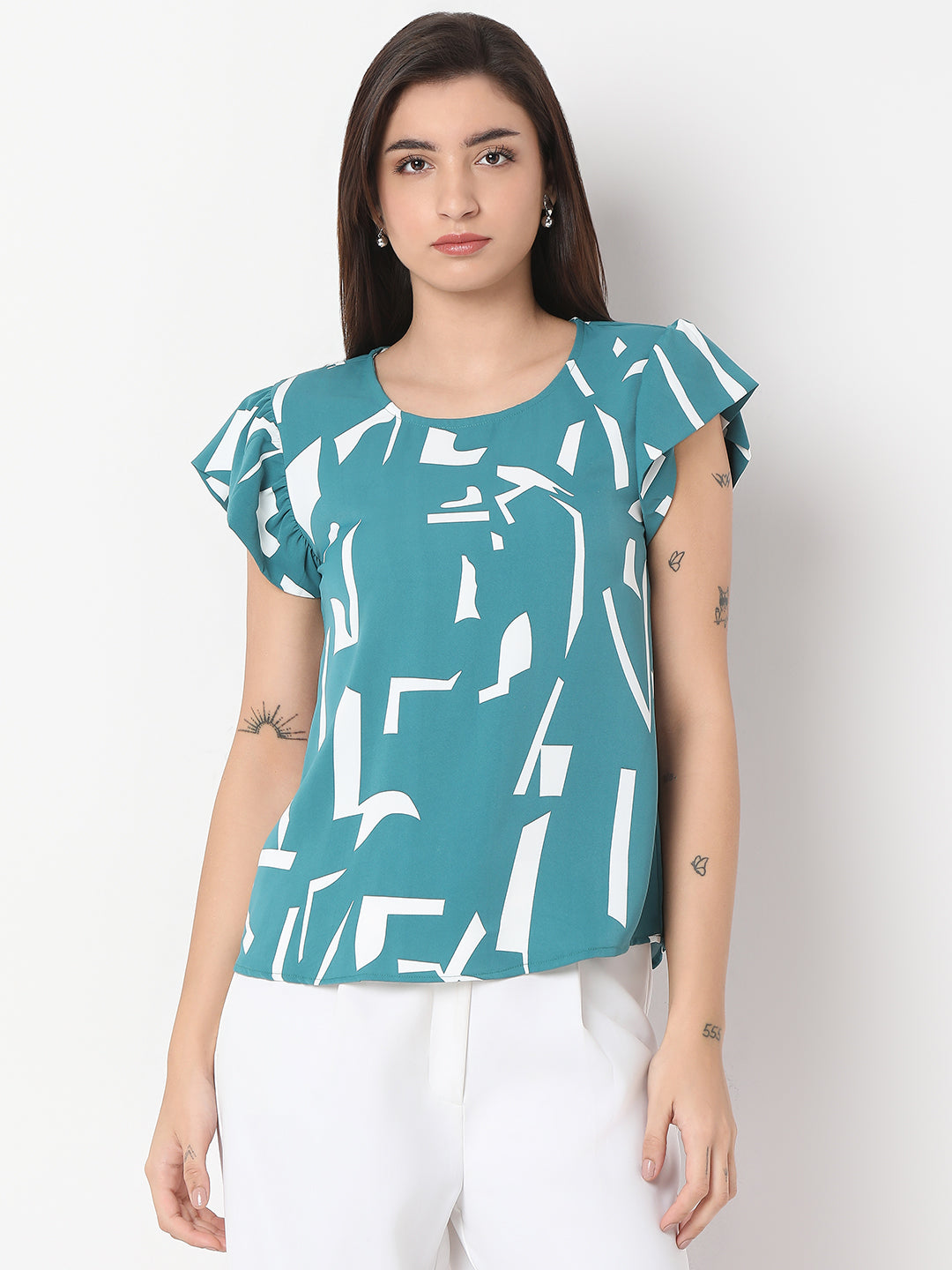 Printed Ruffle Sleeve Top