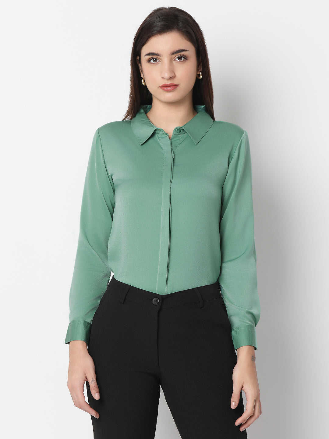 Solid Satin Concealed Placket Shirt