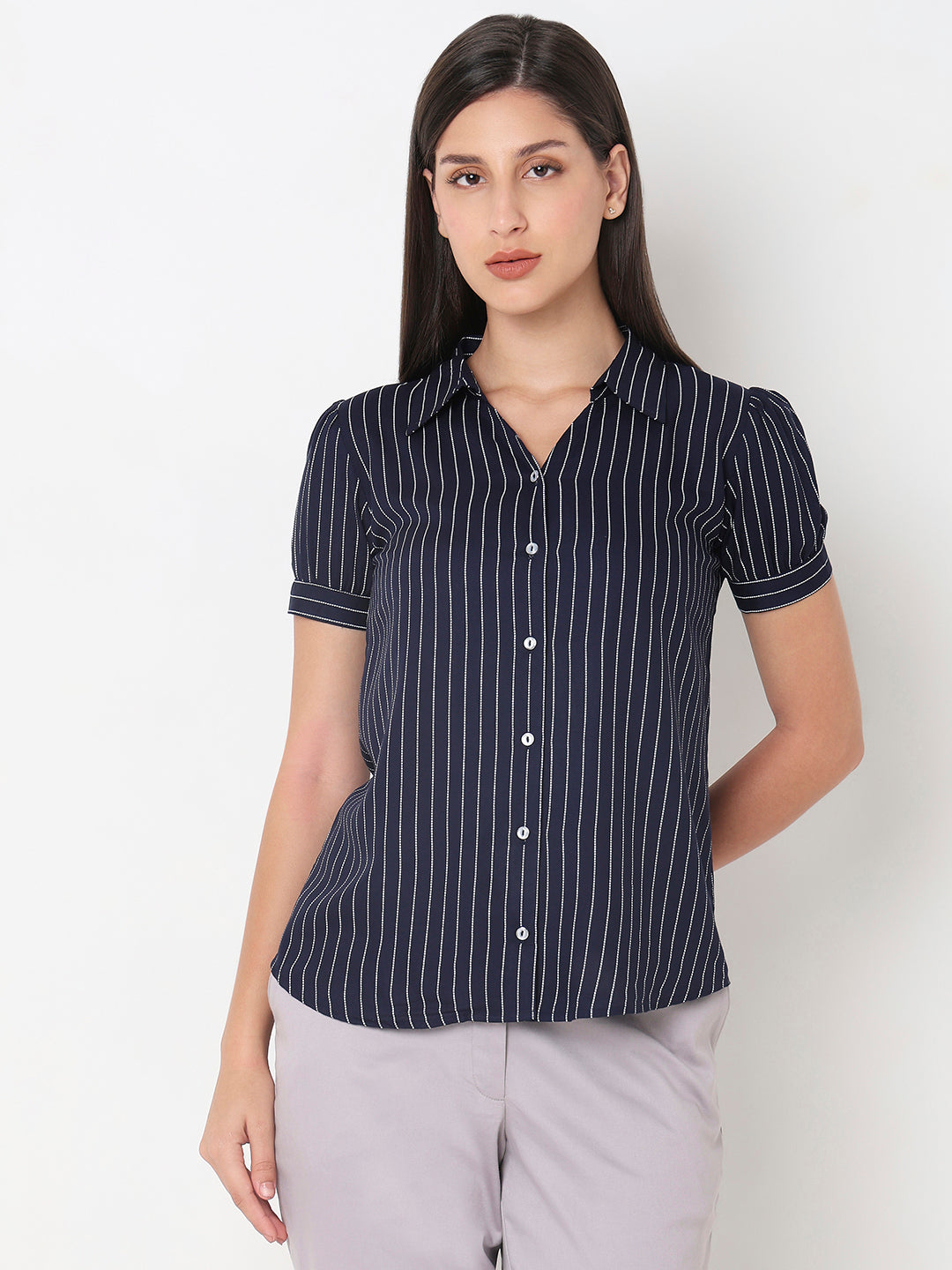 Navy V-Neck Stripe Shirt
