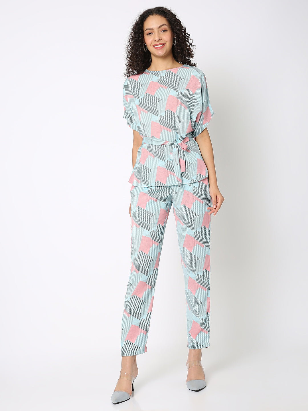 Aqua Printed Co-Ord set with Tie up detailing