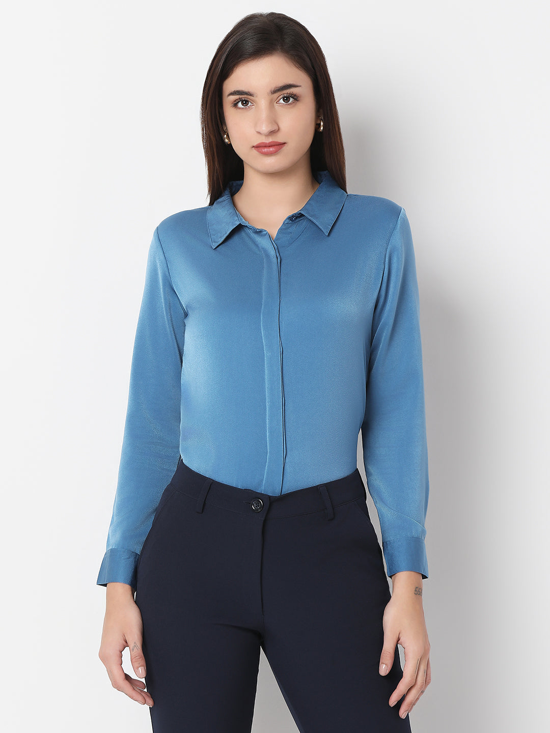 Solid Satin Concealed Placket Shirt