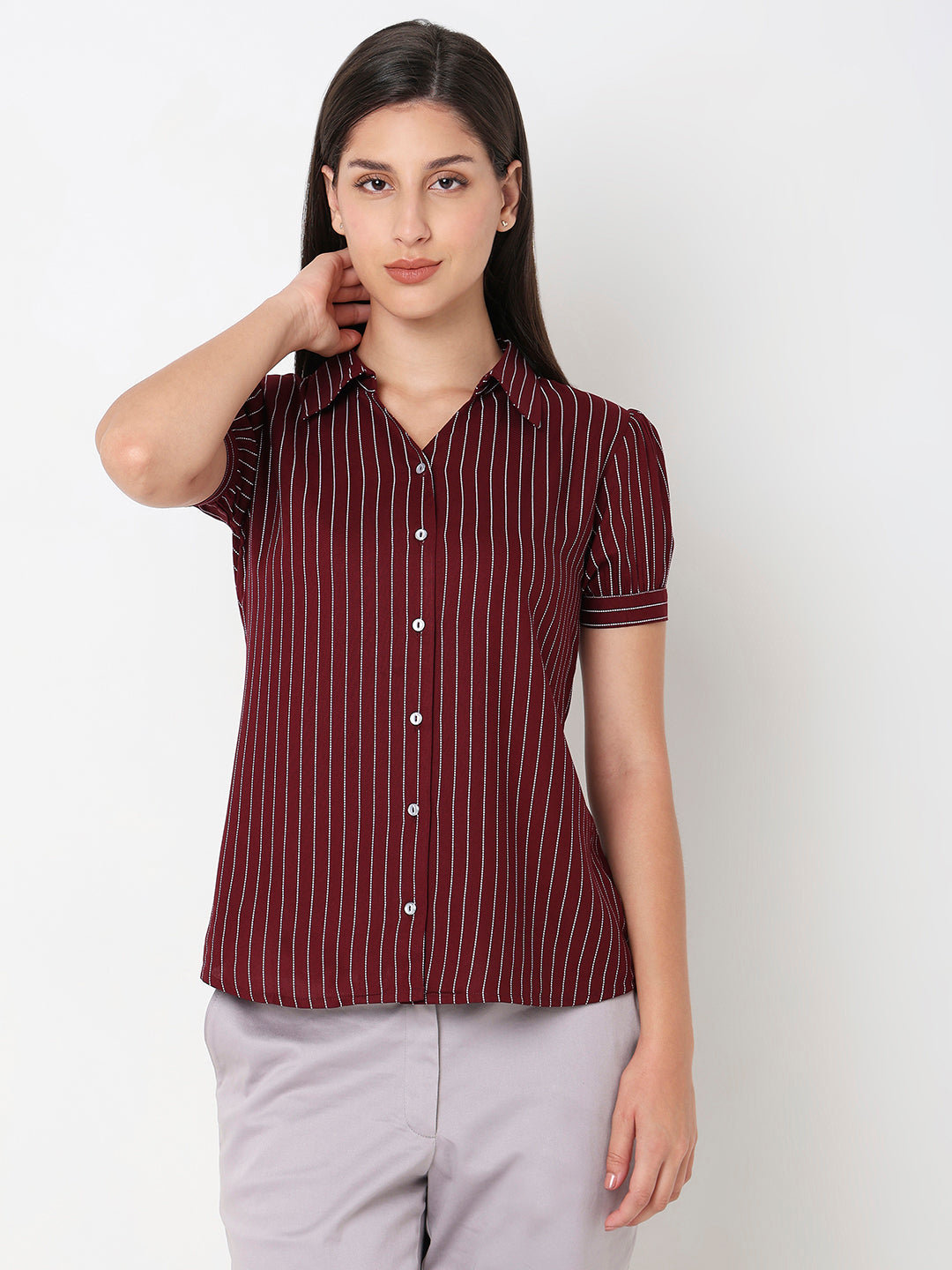 Maroon V-Neck Stripe Shirt