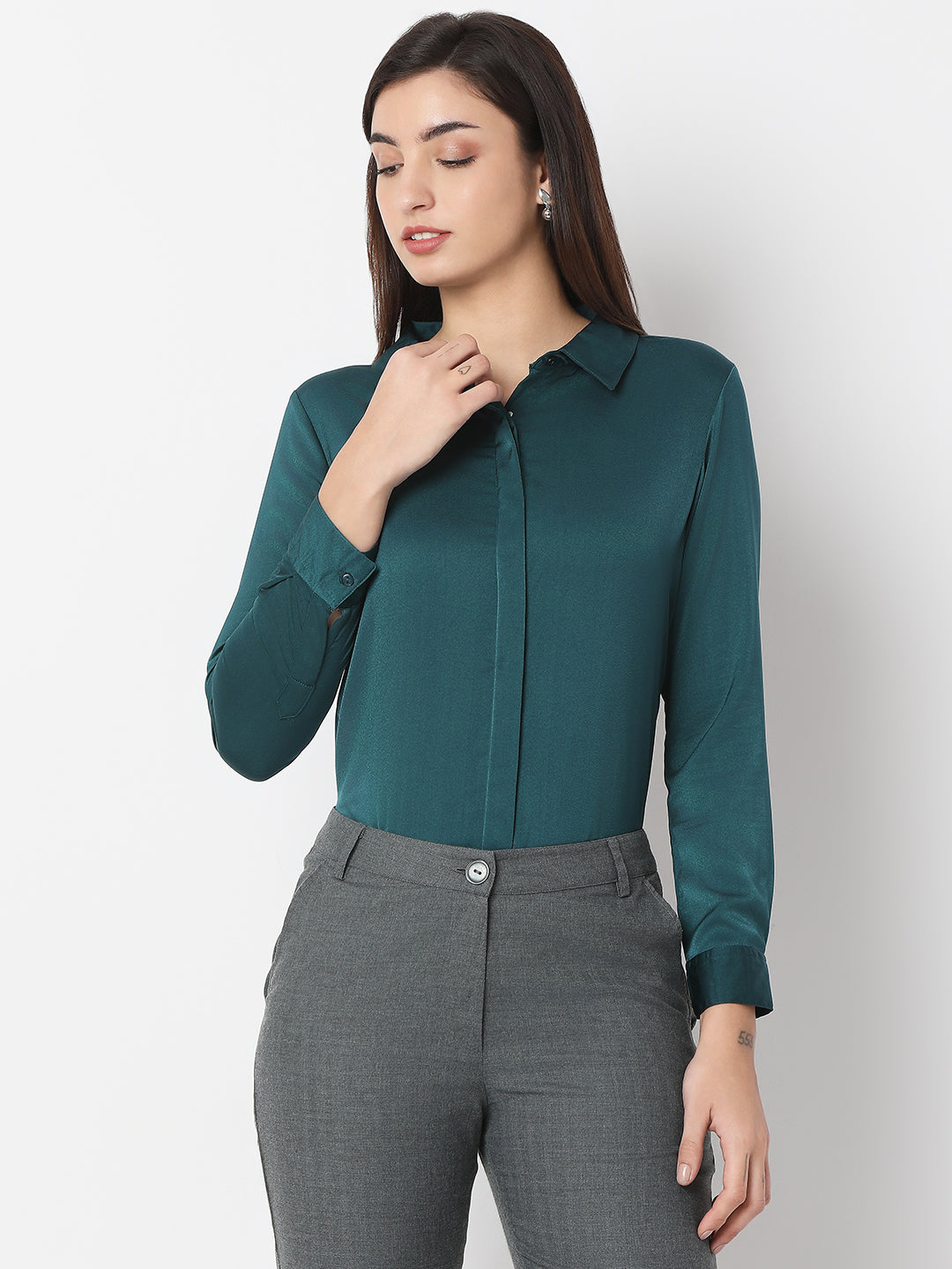 Solid Satin Concealed Placket Shirt