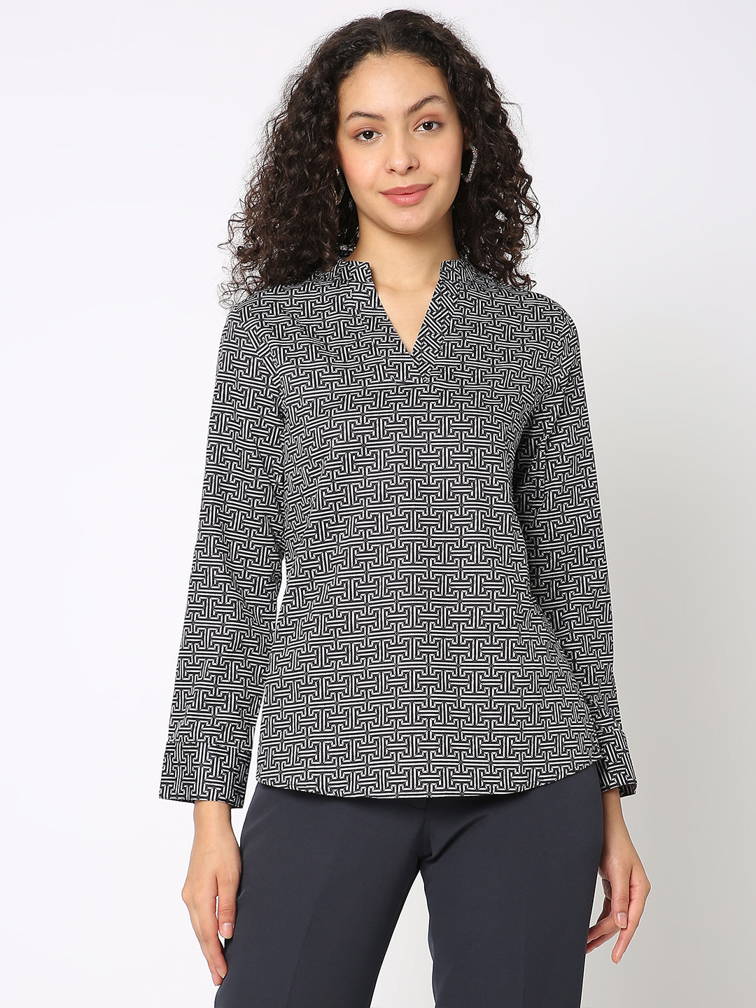 Black Digital Printed V-Neck Top