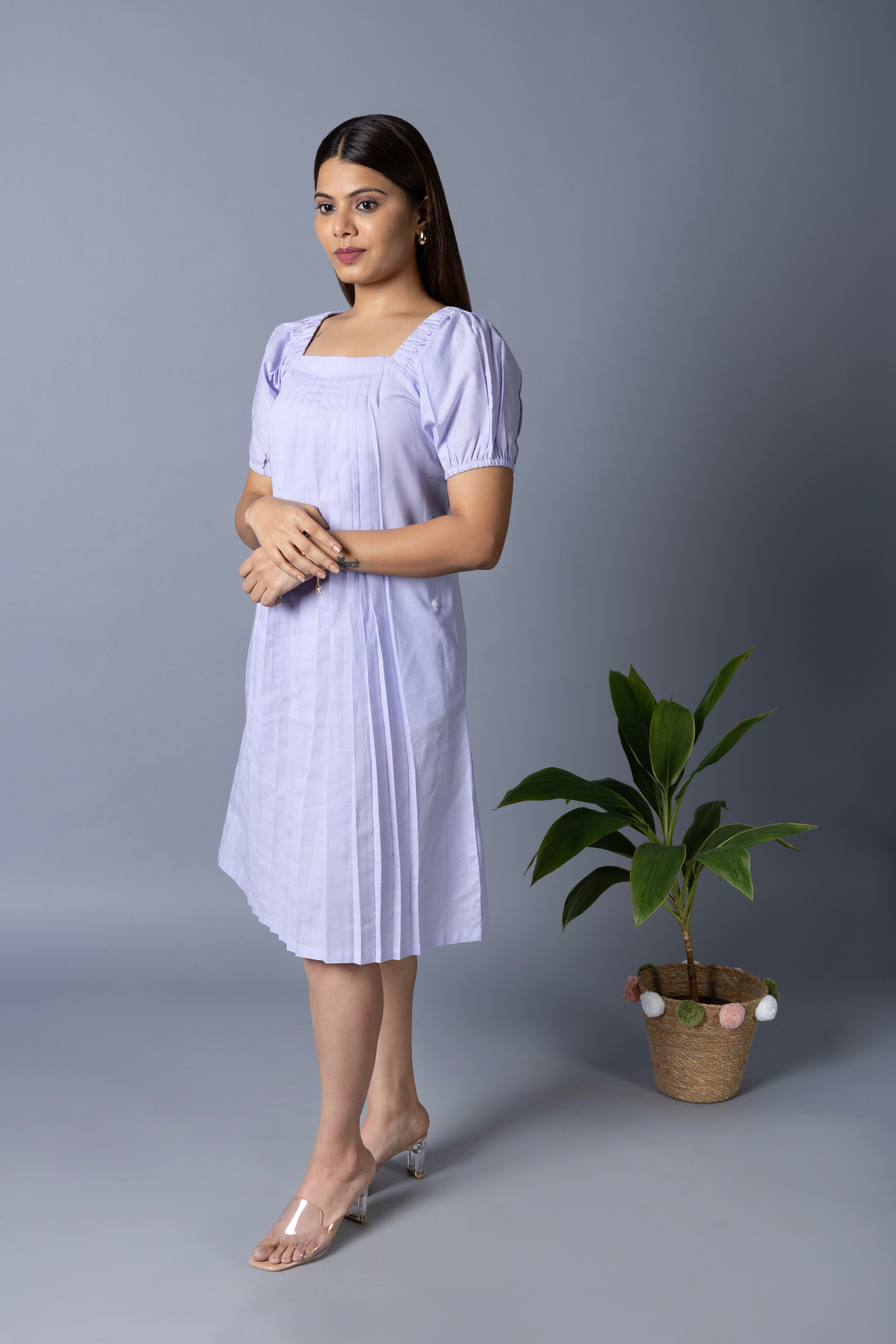 Womens Solid Pleated White Midi Dress